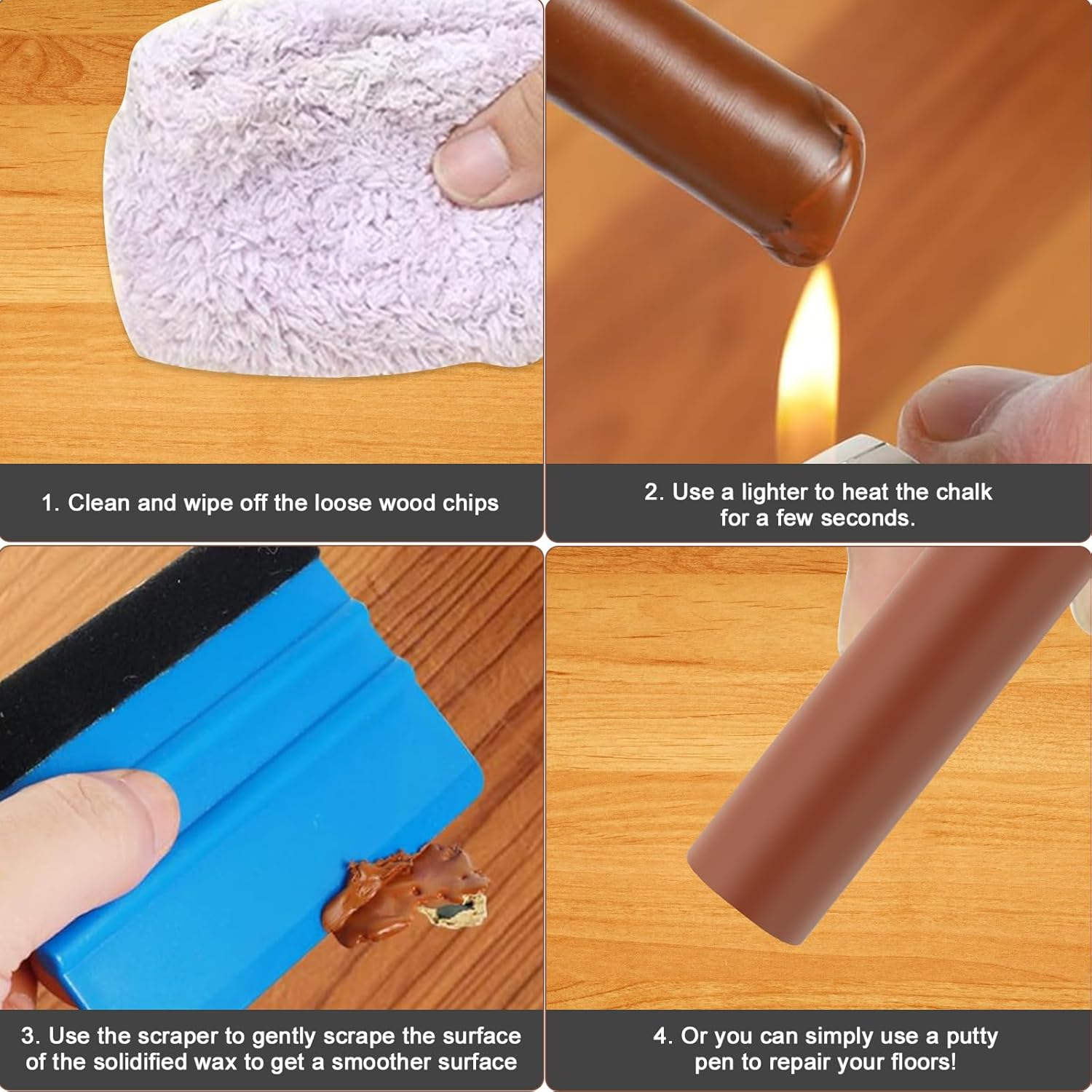 9 Colors Wood Filler Sticks, Laminate Wood Floor Repair Wax Sticks with Blue Scraper, Touch up Wax Sticks, Heatable Wood Repair Stick for Wooden Door, Tables, Holes, Floor, Scratches and Cabinets image number 5
