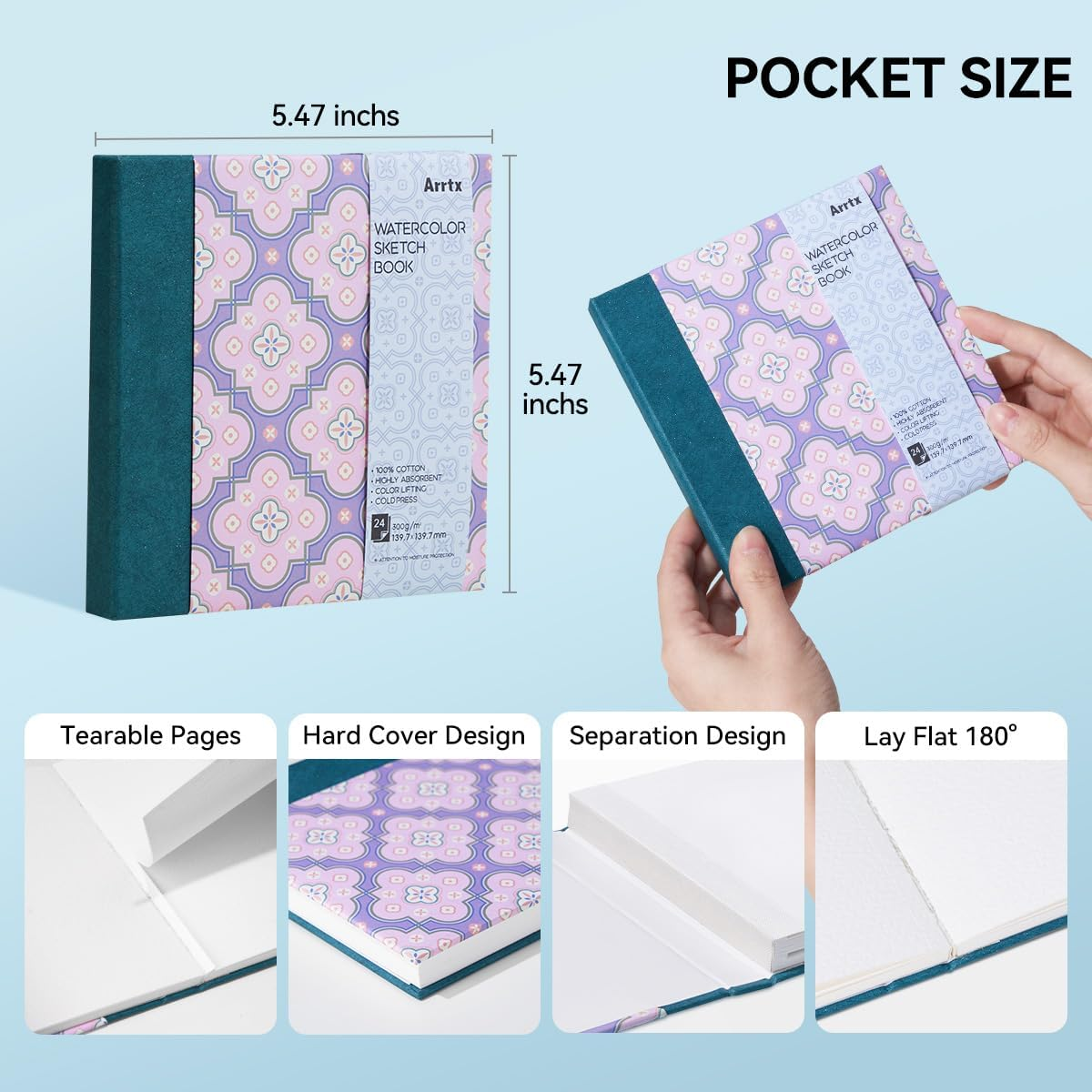 Arrtx Square Watercolor Paper Sketchbook, 5.47X5.47'', 140 LB, 300 GSM, 100% Cotton Paper, Cold Press, 24 Sheets, Hardcover Watercolor Journal for Use as Travel Notebook for Artists Adults Students - White image number 4