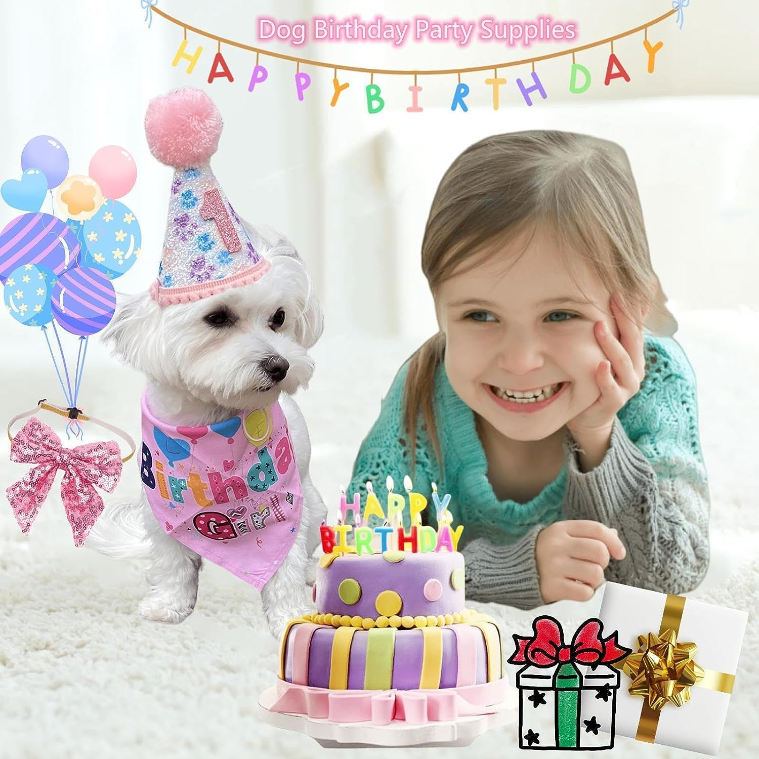 Dog Birthday Party Supplies, Reusable Girl Dog Birthday Bandana Scarf Set Cute Hat with Numbers Dog Puppy Birthday Decorations Bandana Hat Bow Set Tie for Small Medium Dog Cat Pet Toys Gifts (A) image number 5