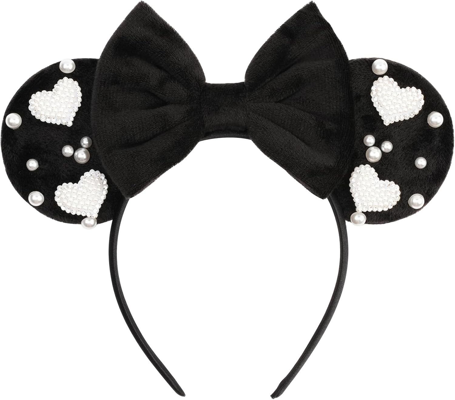 Bianbaistar Black Velvet Bow Mouse Ears Headband with Pearl Heart Accents - Elegant Hair Accessory for Parties, Dates & Special Occasions