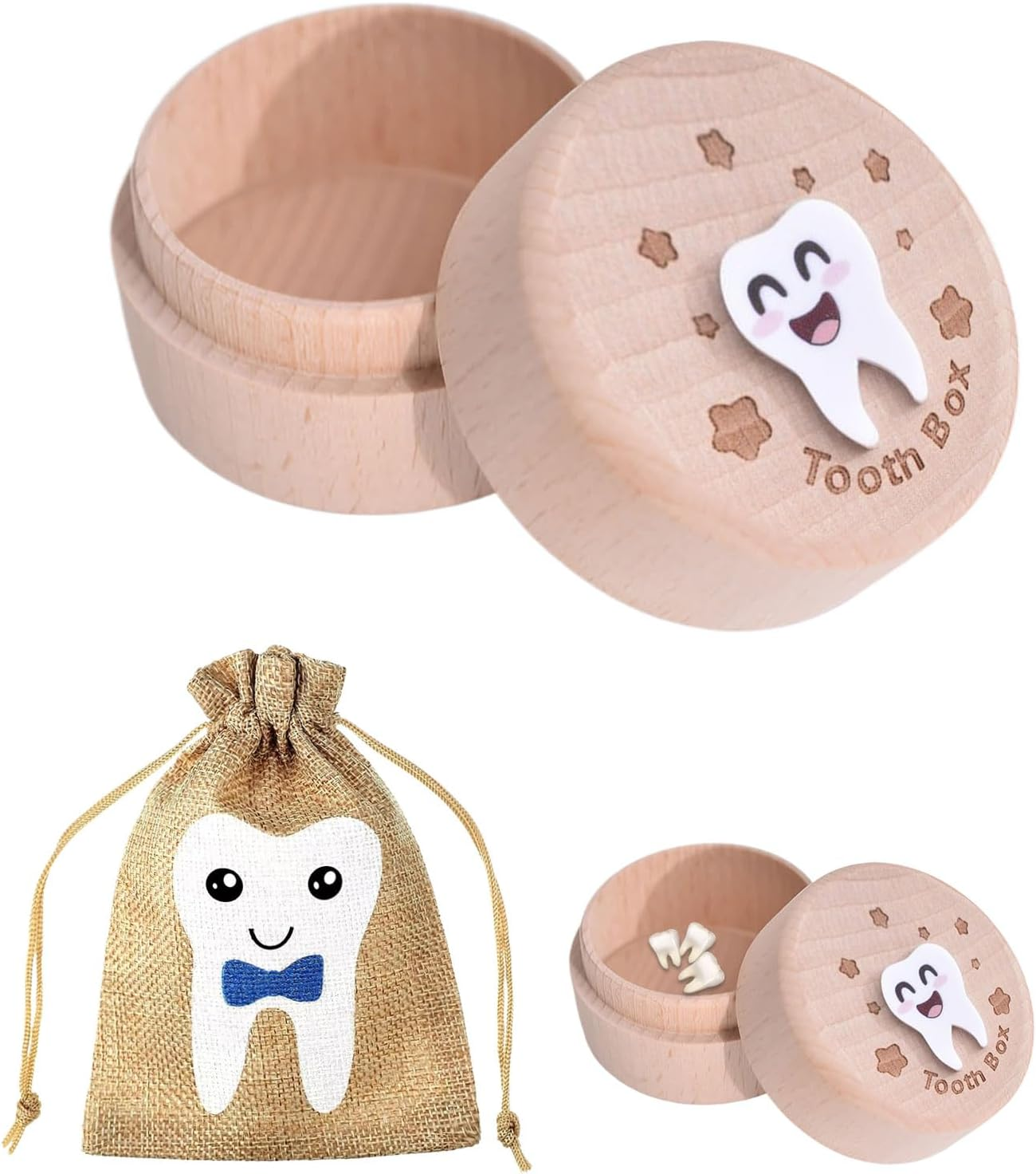 Halit Tooth Fairy Box,1 Pcs Tooth Box with 1Pcs Tooth Fairy Bag, 3D Carved Wooden Tooth Box Keepsake，Tooth Fairy Pouch for Girl,Tooth Holder for Kids Teeth with Tooth Fairy Bag Storage Gift