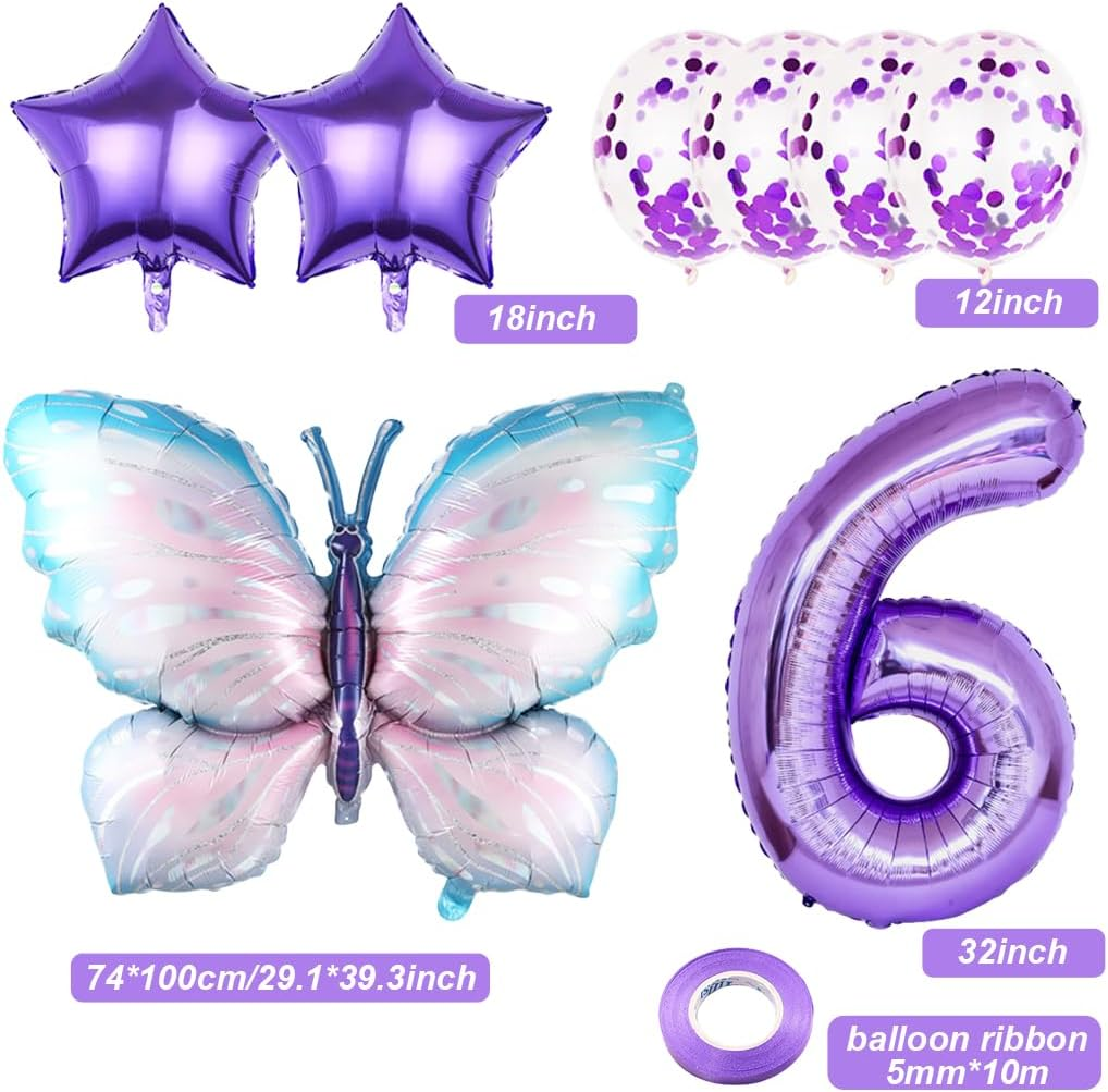 6Th Birthday Butterfly Balloons - Giant Purple Aluminum Foil Number 6 Mylar Balloon for Theme Party Supplies, Baby Shower, Girls Birthday Decor