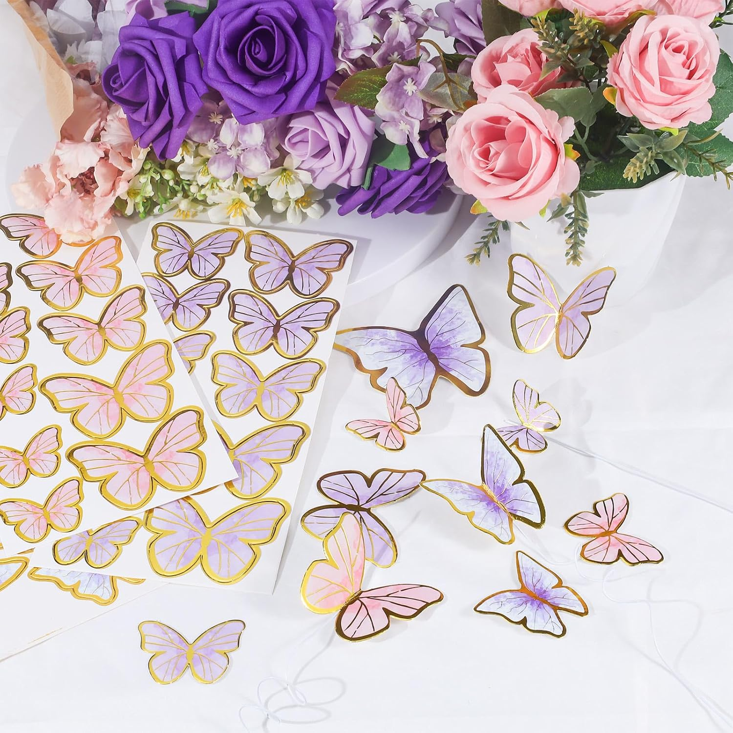 160Pcs Purple & Pink Butterfly Cake Toppers, Gold Edge Mixed Size Lively 3D Butterfly Cake Decorations for Birthday Wedding Cake Cupcake Decor Wall Party Supplies image number 4