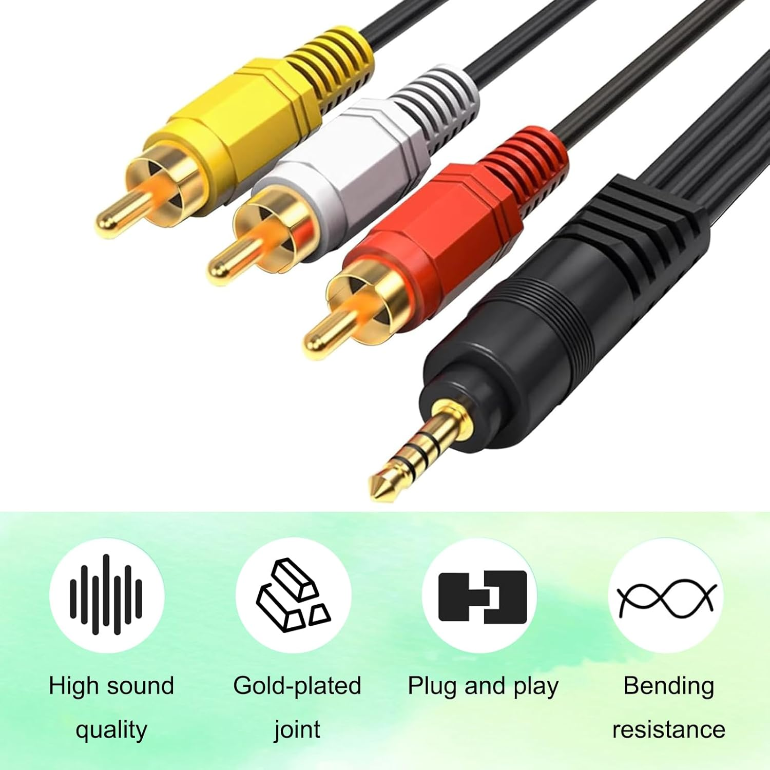 2-Pack 3.5Mm to RCA Cable [5Ft Each], 1/8" TRRS to 3 RCA Male AV Audio Video Cord for Camcorder, Handycam, TV, Smartphones, MP3, Home Theater, DVD Player &ndash; Gold-Plated Connectors image number 2