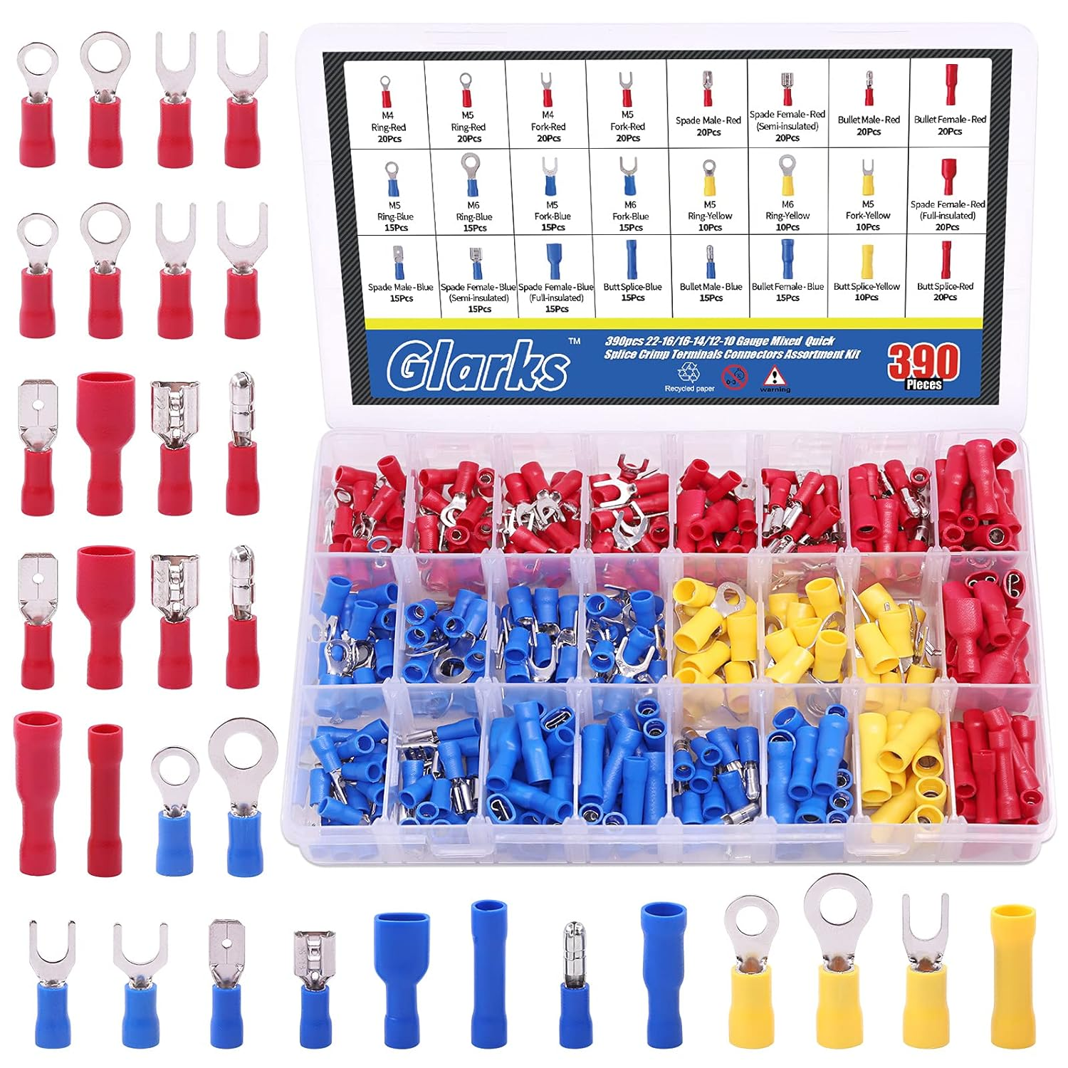 Glarks 355Pcs 22-16/16-14/12-10 Gauge Mixed Quick Disconnect Electrical Insulated Butt Bullet Spade Fork Ring Solderless Crimp Terminals Connectors Assortment Kit image number 4