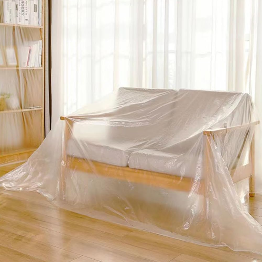 8 Pack 3 X 4 M Extra Large Plastic Drop Cloths for Painting, Plastic Tarp Sheeting for Painting Furniture Floor Protector, Furniture Protection Dust, Paint Covering for Floor image number 4