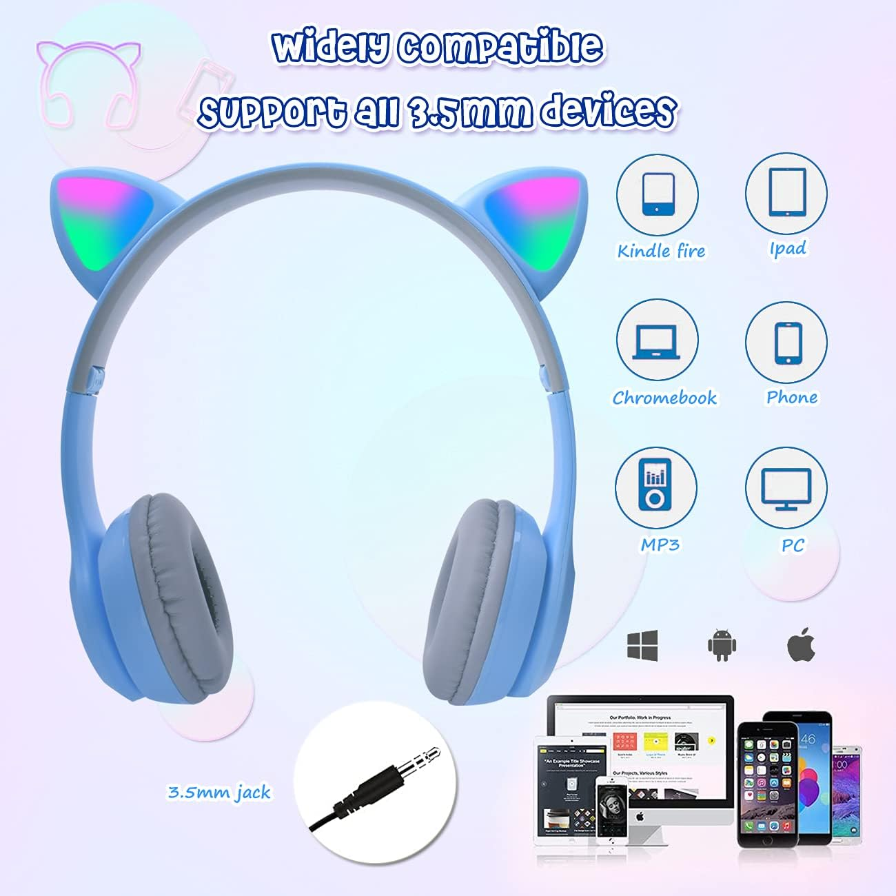 Megadream Children'S Cat Ears Headphones, Bluetooth Headphones, LED Light up Children'S Wireless Foldable Headset, over Ear for Girls/Boys Age 8+ (Blue) image number 2