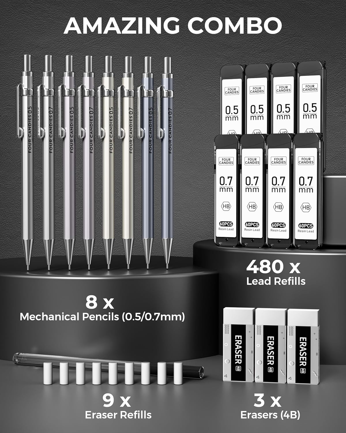 Four Candies 8PCS Metal Mechanical Pencils - 0.5 & 0.7Mm with 8 Tubes HB #2 Lead Refills, Eraser Set and Eraser Refills, 20-Count Pack with Case, Lead Pencils Mechanical for Writing, Drawing, Drafting image number 1
