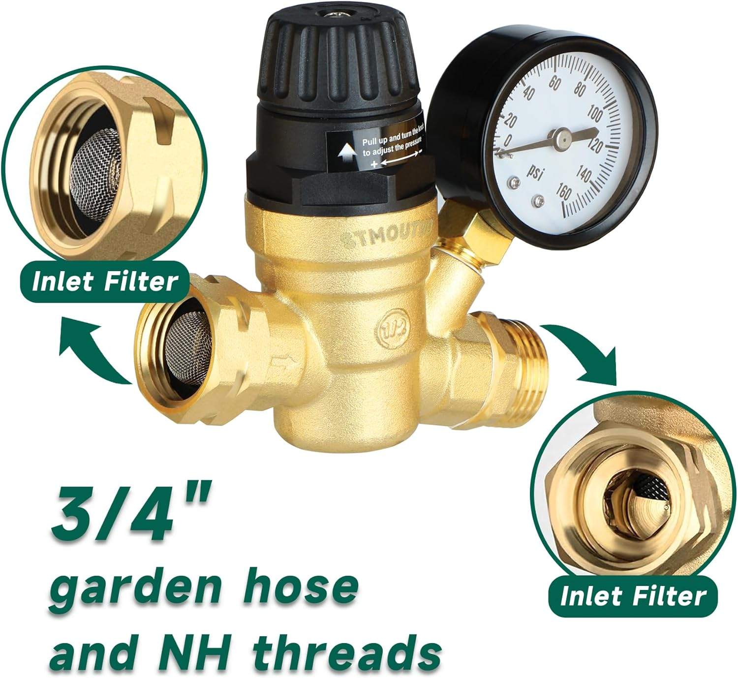 RV Water Pressure Regulator for RV Camper. Brass Lead-Free Adjustable Camper Water Pressure Regulator with 0-160 PSI Gauge ，Reducer Valve W Filter，Package Includes 1 Raw Tape for Water Pipes. image number 3