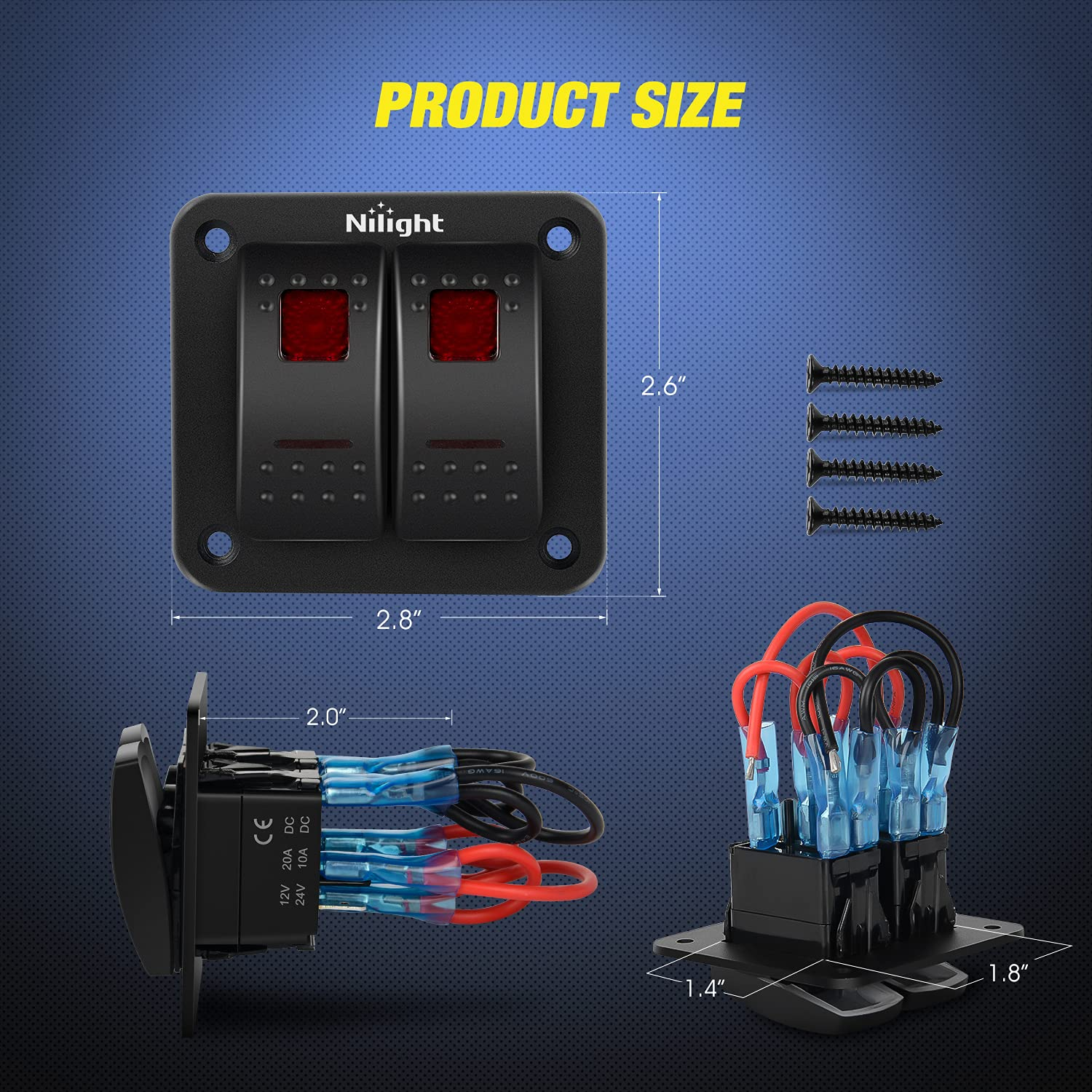 Nilight 2 Gang Rocker Switch Panel 12V 24V DC Red Switches Aluminum Panel 5Pin on off Prewired Toggle Switch Panel Waterproof for Cars Boats Atvs Utvs image number 2