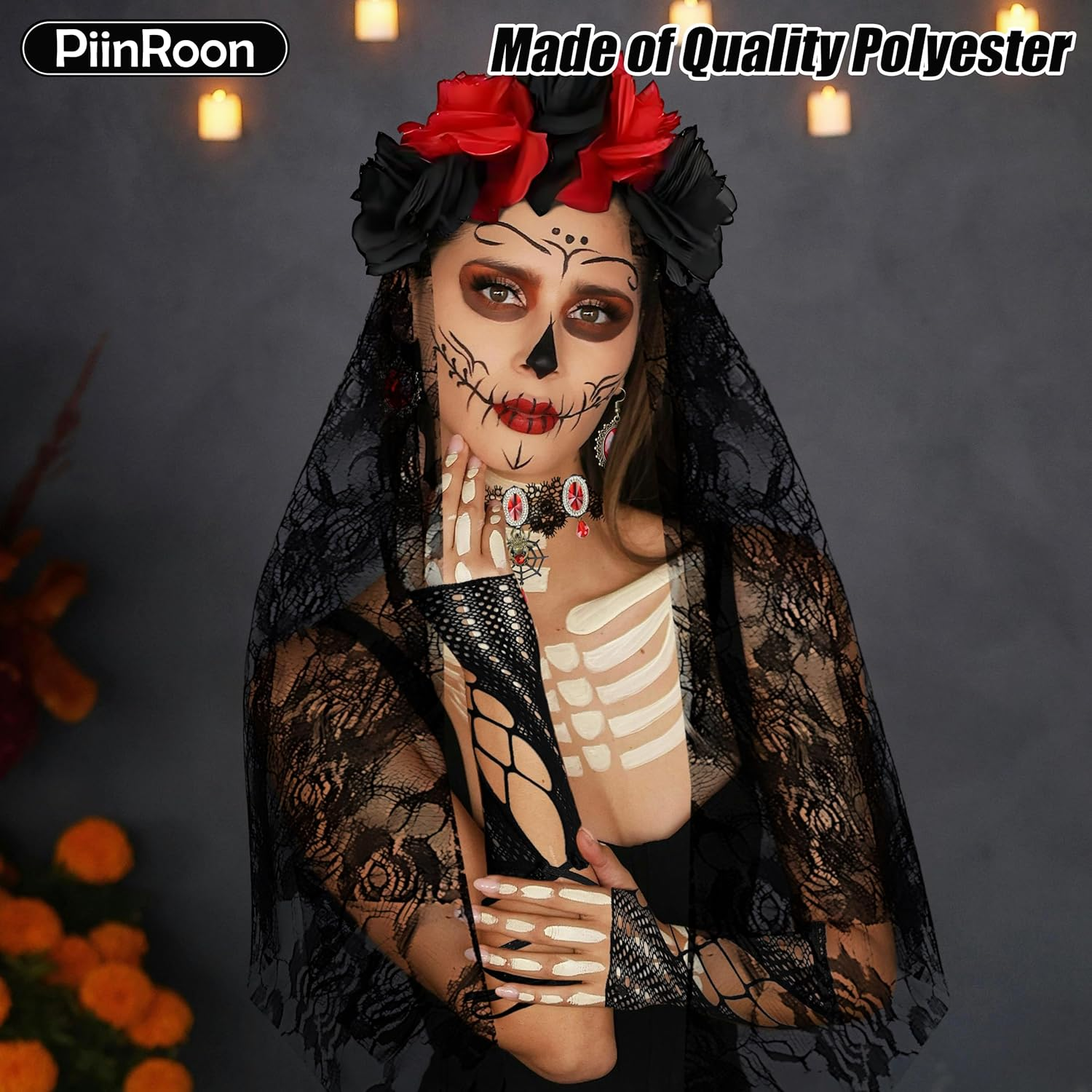 Piinroon Day of the Dead Headband, 5 Pcs Day of the Dead Costume, Halloween Headband Necklace Earrings Gloves Socks for Women