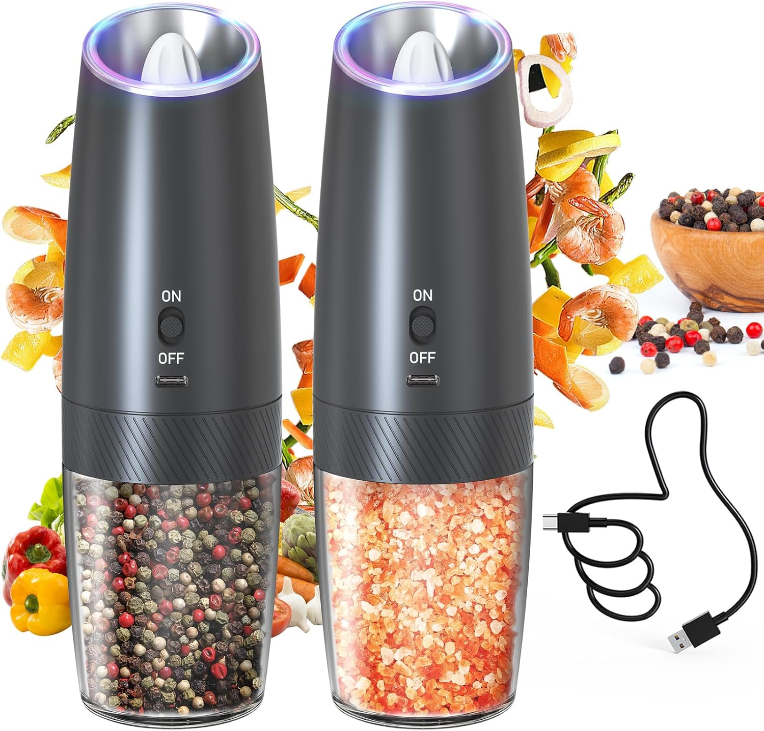 CIRCLE JOY Gravity Electric Salt and Pepper Grinder Set Rechargeable Salt and Pepper Shakers Automatic Mill Grinder with White LED Light, Adjustable Coarseness, Washable 135Ml Container, Black