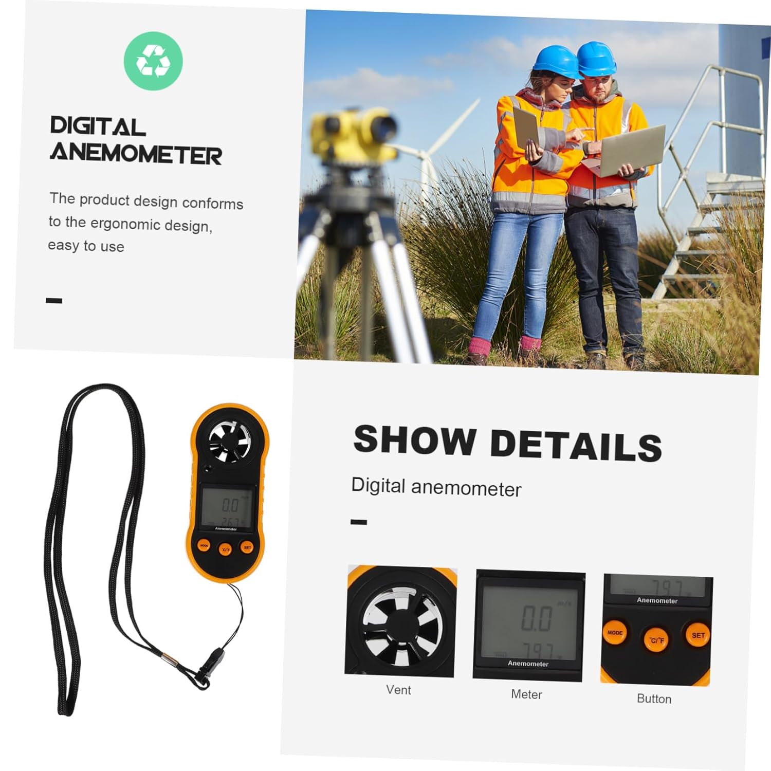 Handheld Digital Anemometer with Screen Display High Precision Airflow Velocity for Wind Speed and Temperature Measurement Ergonomic Design with Backlight for HVAC and Outdoor Use