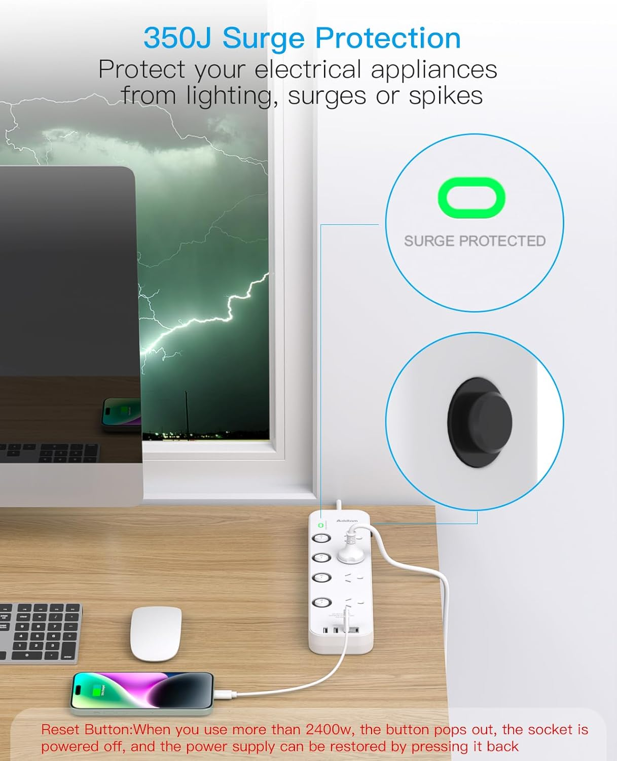 Addtam Power Board Individual Switch,Power Strip with 4 AC Outlets, 2 USB a and 2 USB C,Surge Protector 1.2M Extension Cord, 350 Joules,Overload Protection,Powerboard for Home and Office Use (White) image number 3