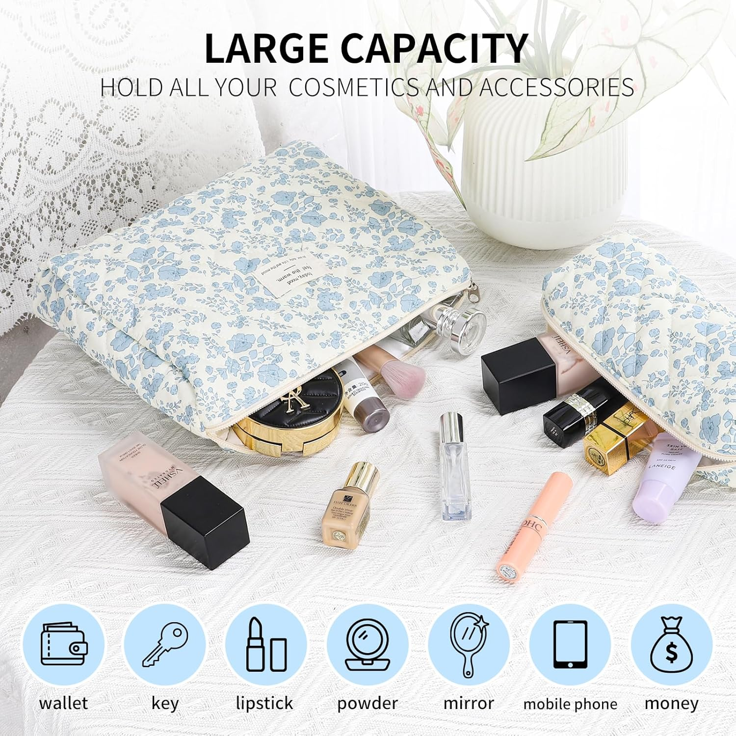Senbowe Floral Makeup Bag, 3 Pack Large Cotton Quilted Makeup Bag Set, Cute Floral Coquette Aesthetic Toiletry Bag Make up Cosmetic Bag for Women, Toiletry Travel Make up Organizer Bag - Blue-White image number 4