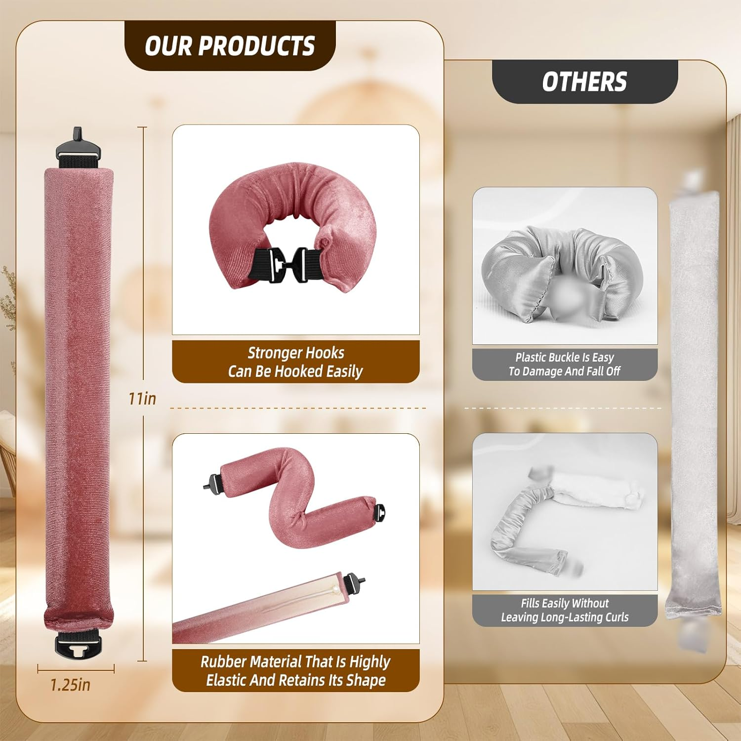 Heatless Curls Overnight Rods Jumbo Set, Heatless Hair Curler Velvet Satin Jumbo Flexi Rods to Sleep In, No Heat Overnight Sleeping Blowout Curls Wave Styling Tools with Silk Scarf 4Pcs Dark Pink image number 6