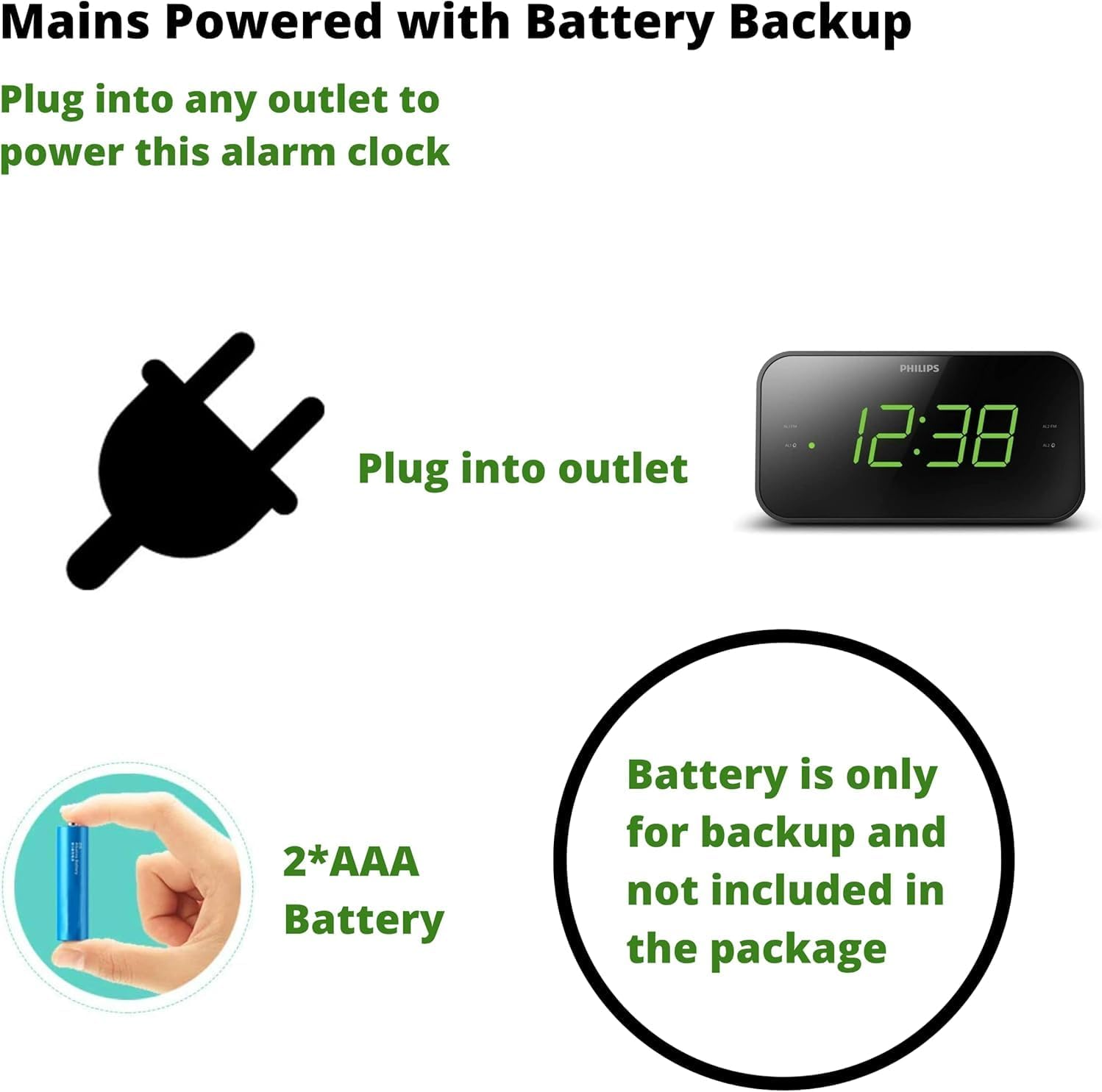 Philips Digital Alarm Clock Radio, FM Radio Alarm Clocks for Bedrooms, Dual Alarm Clock Radios for Bedroom with Battery Backup, Sleep Timer Function, Easy Snooze and Large LED Display - Black