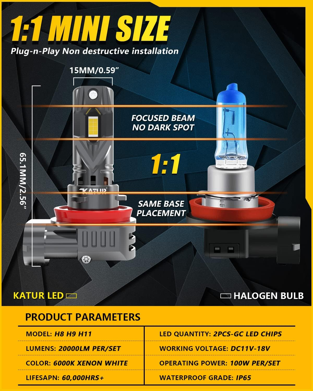 KATUR H11 LED Headlight Bulbs, 400% Brightness 20000LM 6000K Xenon White 1:1 Mini Size All-In-One Conversion Kit Non-Polarity No Adapter Required Plug and Play H9 H8 LED Fog Light Bulb, Pack of 2 image number 3