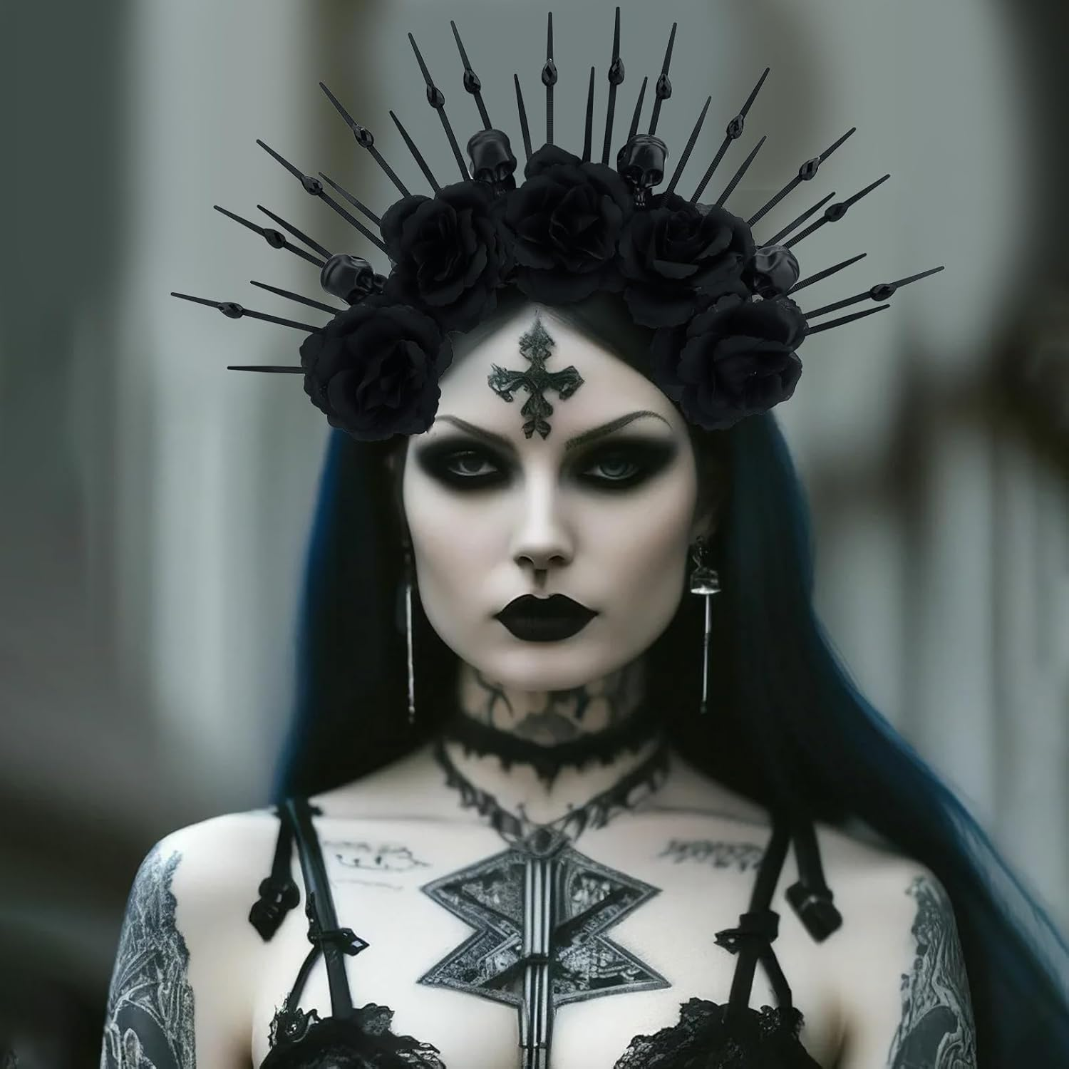 Vovii Black Halo Headband for Women Hair Accessory Halloween Costume, Gothic Rose Flower Crown Goddess Headpiece with Skull for Dark Day of the Dead Outfit image number 3