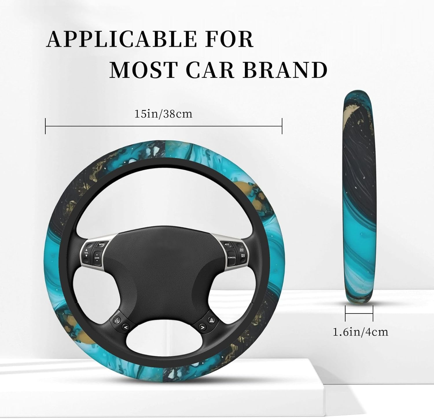 Turquoise Blue Gold Marble Print Steering Wheel Cover Non-Slip Car Steering Wheel Covers Neoprene Elastic Car Steering Wheel Protector Cover Universal 38 CM for Car Accessories image number 5