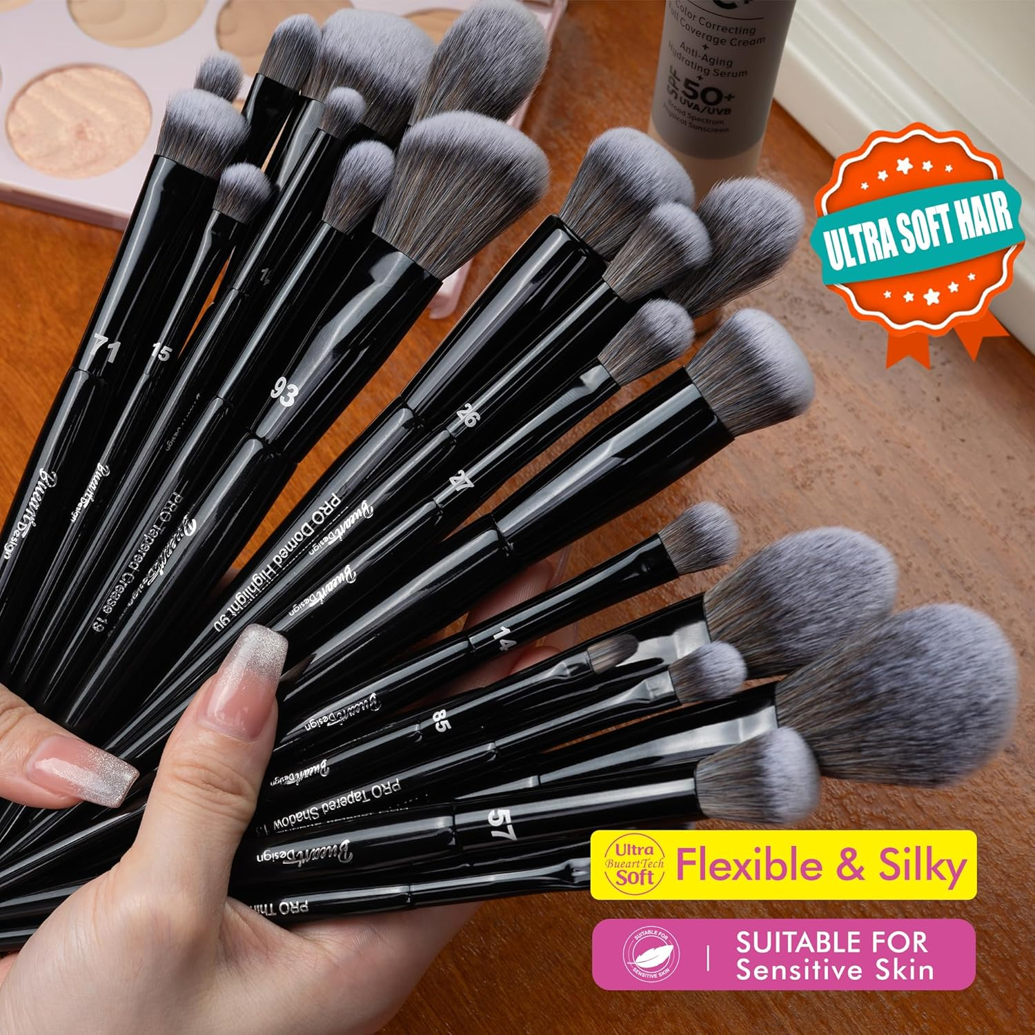 Bueart Design 32Pcs PRO Grade Makeup Brushes Set with Super Large Holder, Premium Ultra-Soft Synthetic Foundation Contour Powder Blush Concealer Eyeshadow Classic Black Make up Brush image number 3