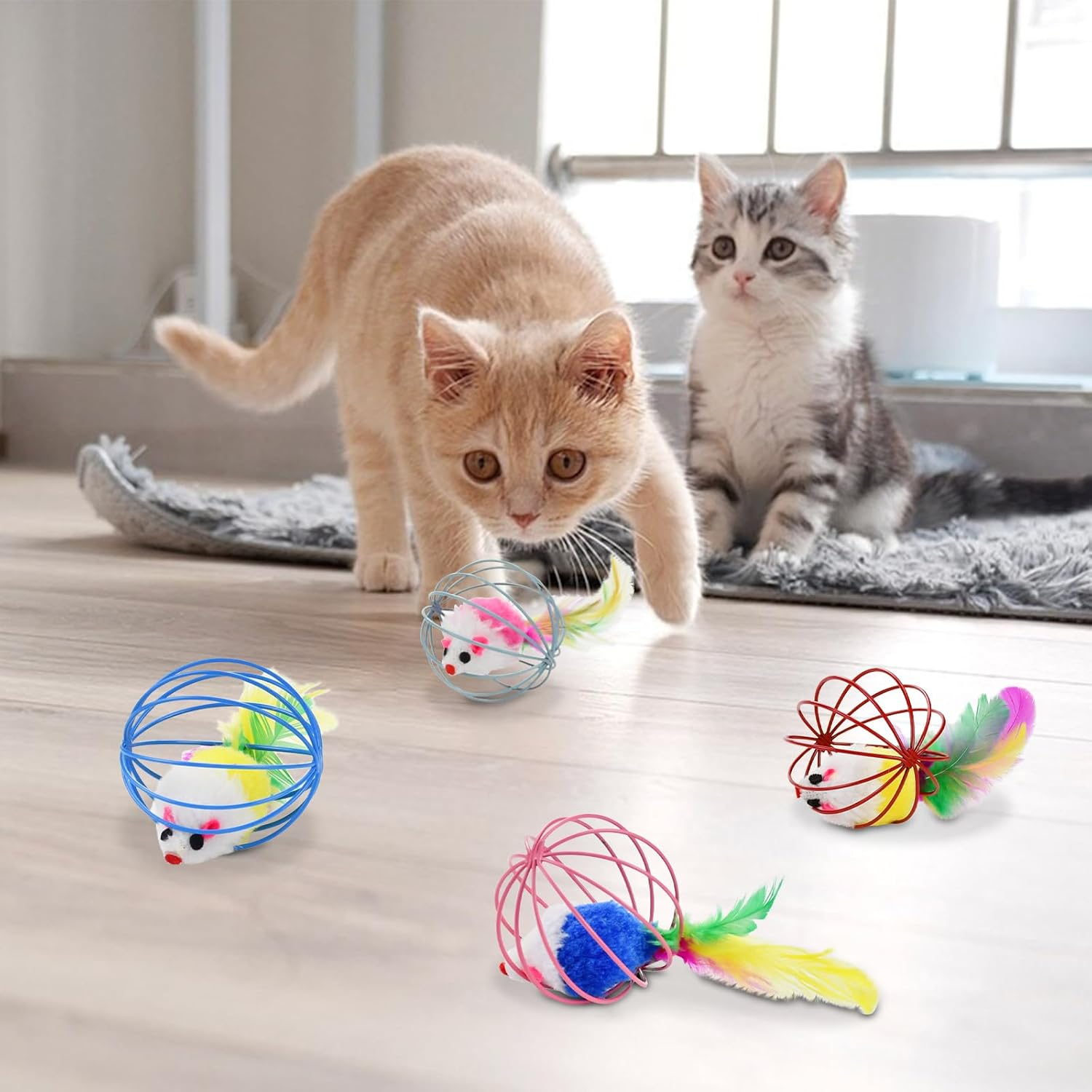 Cooshou Cat Interactive Bouncy Toy Balls Set Metal Cage Balls with Mice Spring Toy Balls for Cats Kittens Colorful Cat Teaser Ball with Mouse for Indoor Cats (10 PCS) image number 3