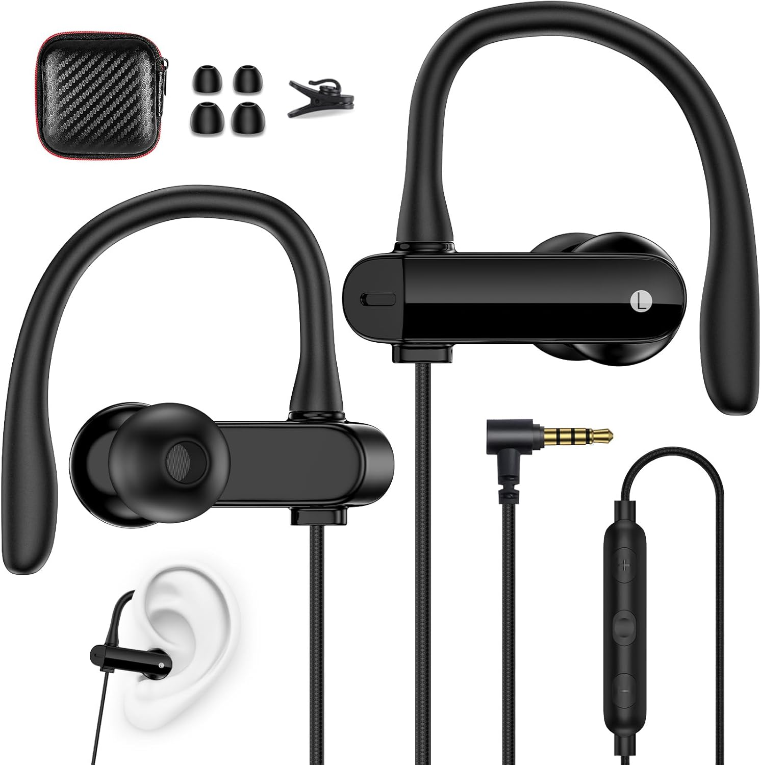 In-Ear Headphones with Cable Sports Headset with Ear Hooks 1.8 M Microphone and Volume Control 3.5 Mm Headphones for Samsung A25 Iphone Ipad Hifi Sound for MP3 MP4 Laptop Gaming Office Workout Music image number 1