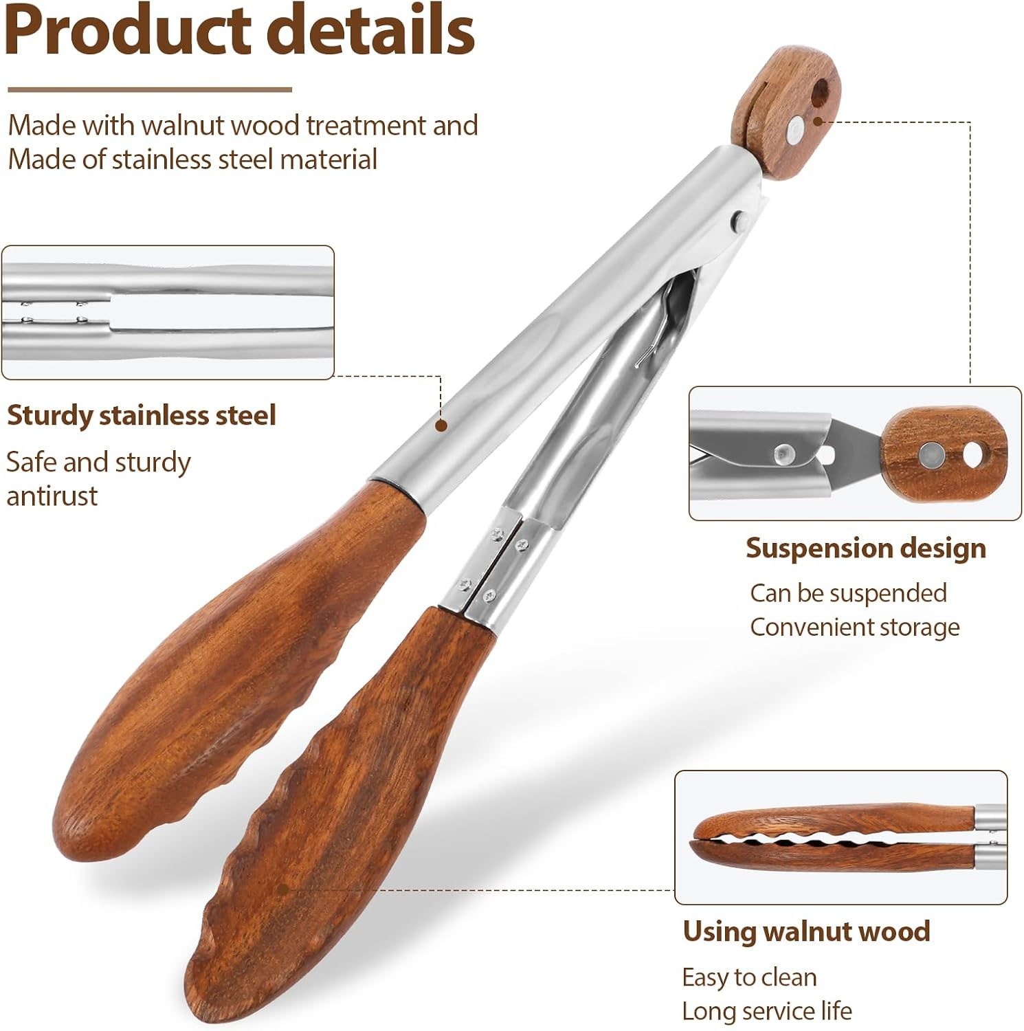 2 Pcs Walnut Wooden Kitchen Tongs Wood Food Tongs Salad Tongs with Wooden Tips, Locking Tongs Wood Serving Tongs for Flipping Cooking Grilling image number 2