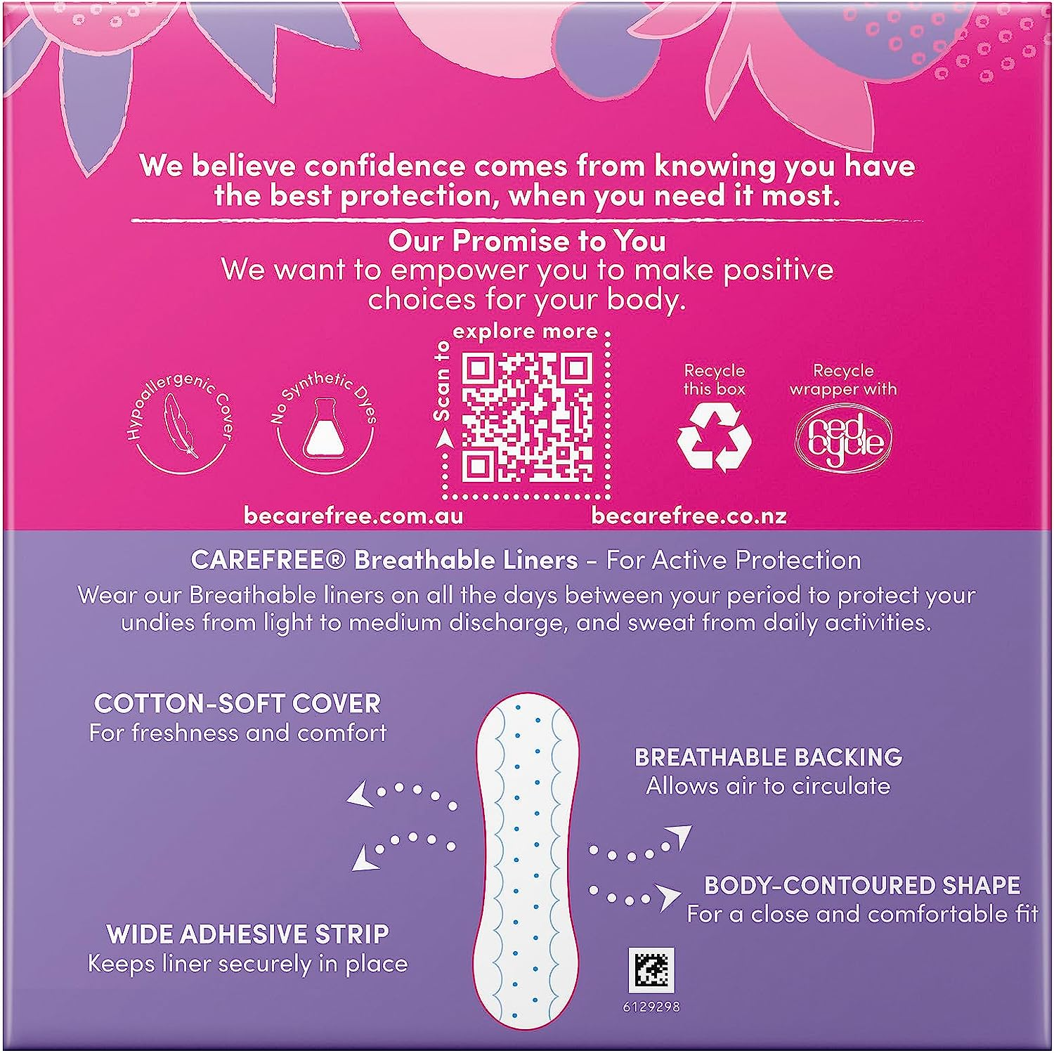 Carefree Breathable Unscented Panty Liners 96 Pack| Body-Contoured Shape| Cottony-Soft Cover| Wide Adhesive Strip| Breathable Backing image number 5