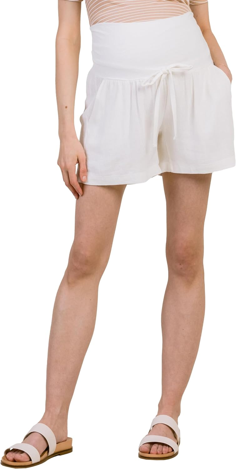 Laclef Womens over the Belly Linen Drawstring Maternity Shorts with Pockets image number 3