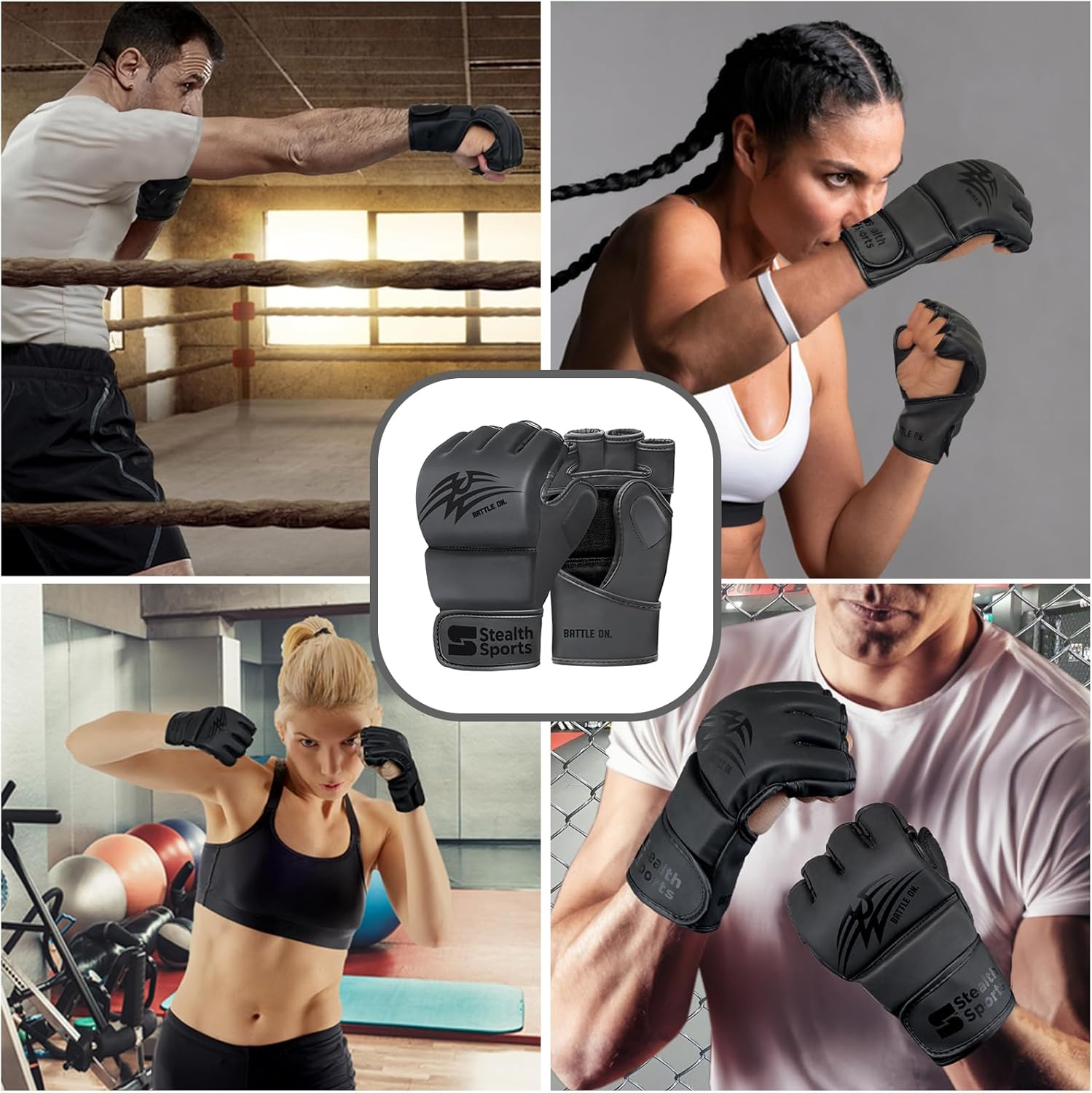 Stealth Sports MMA Gloves Men Women 12Mm Thick - PU Leather Grappling Gloves Open Palm Muay Thai Kickboxing Sparring Punching Bag Boxing Training Cage Fighting Martial Arts Mitts