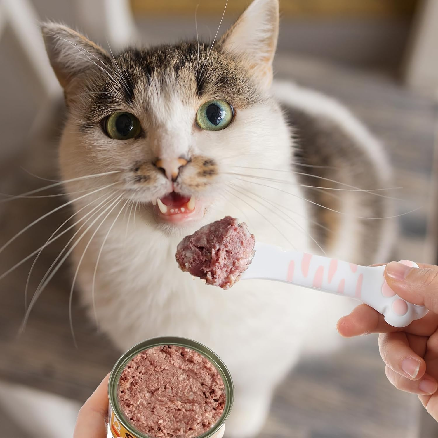 2Pcs Cat Food Spatula,Silicone Cat Food Opener,Cute Cat Can Opener with Cat Paw Hanld,5.11 X 1.57 in Cat Wet Food Spoon with Mini Spatula for Dog Cat Canned Food (White & Pink, One Size) image number 1