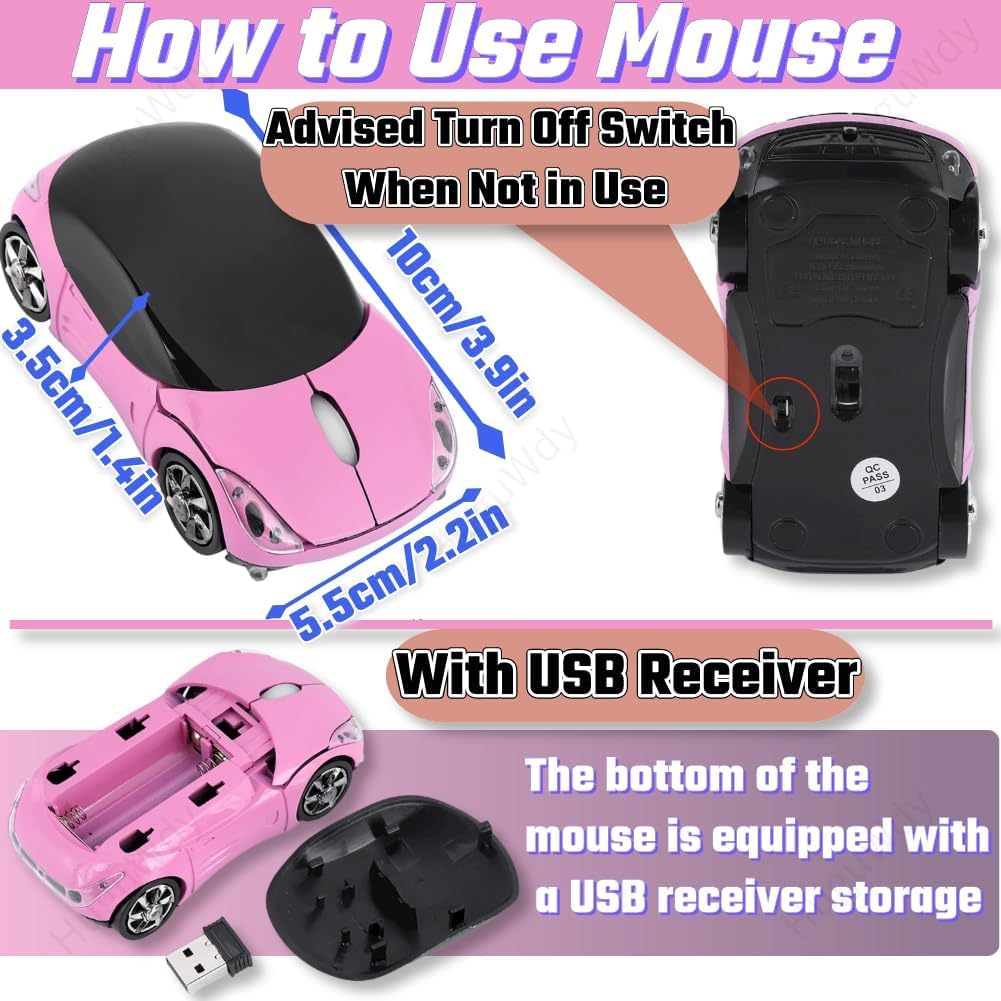 Huguwdy Pink Wireless Mouse，2.4G Wireless Car Mouse with USB Reciver 1600DPI Optical Mouse Cute Wireless Mouse for PC Computer Laptop Tablet for Win Xp/Vista/Win7/Me/2000/For Mac Os(Cute Car Mouse) image number 3