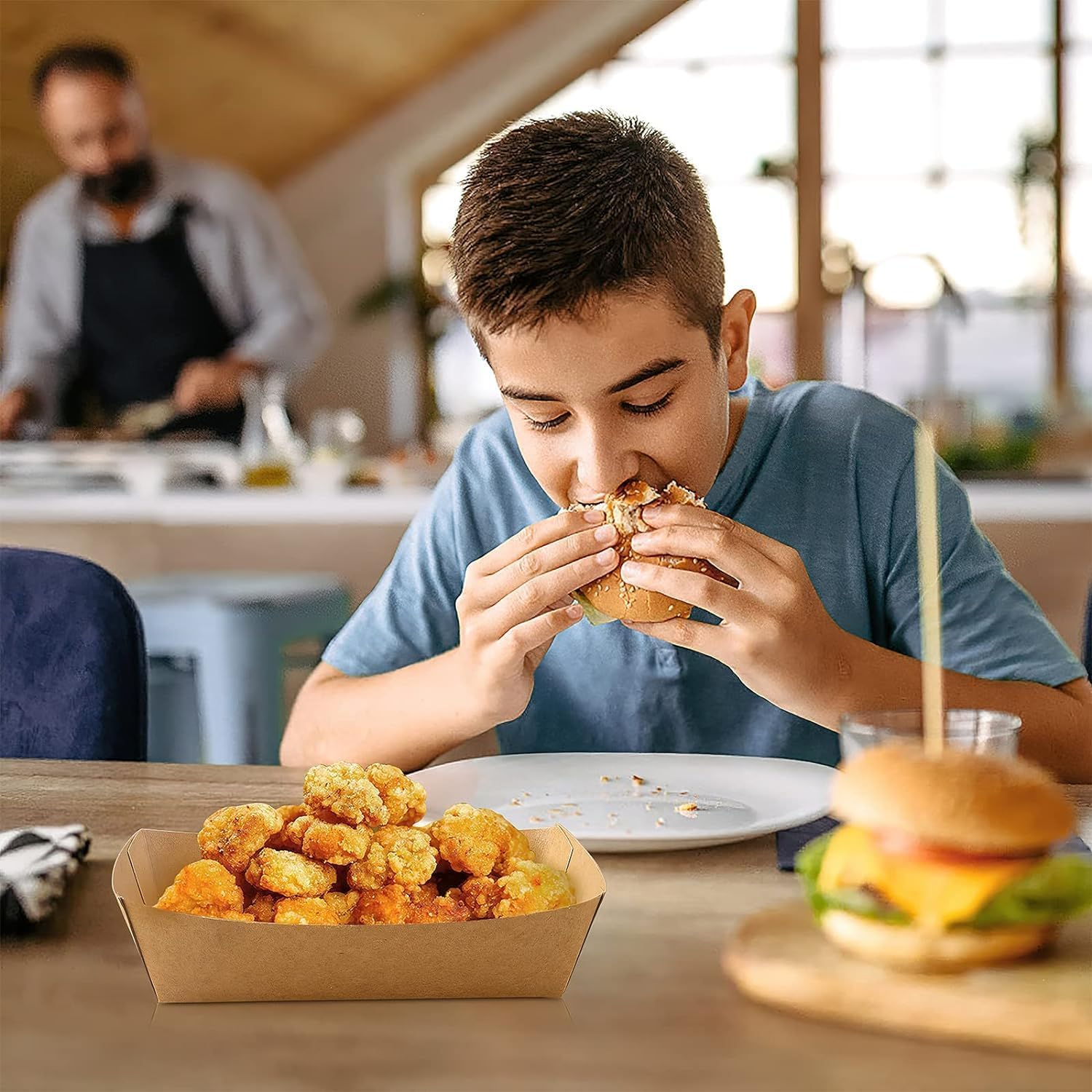 100 Pack Kraft Paper Food Trays, Paper Food Boats,Brown Paperboard Serving Basket Tray for French Fries Nachos Snack Hot Dog Taco BBQ Popcorn Party Picnic Wedding Party image number 2