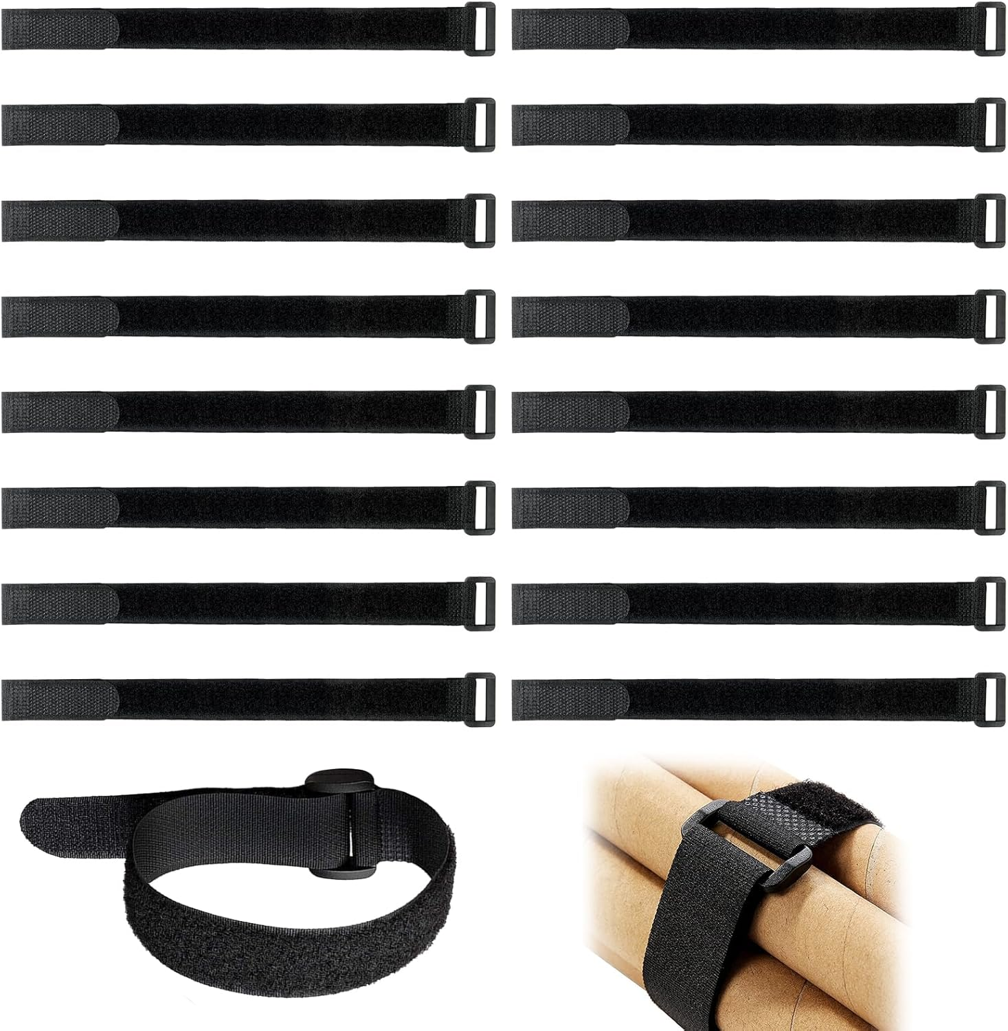 16 Pack Hook and Loop Cable Ties, 1" X 12" Hook and Loop Straps with Buckles - Heavy Duty Reusable Adjustable Cable Organizers for Home, Office & Car (Black) image number 6