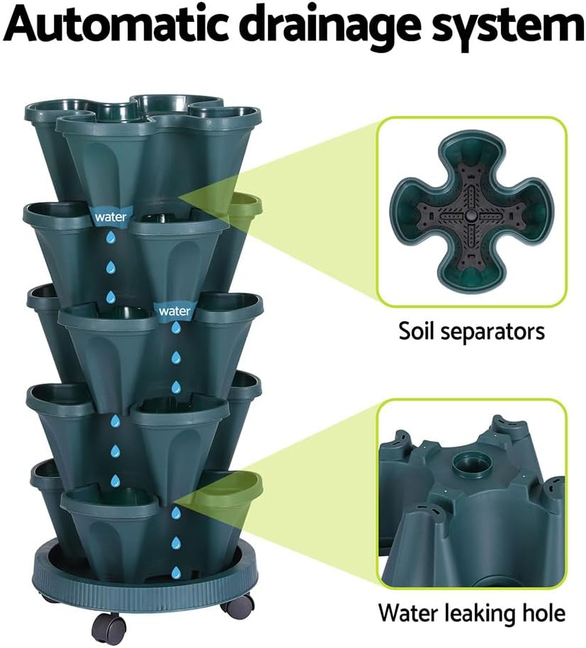 GREEN FINGERS Garden Bed 5 Tier Vertical Garden Strawberry Stackable Planters Dark Green image number 4
