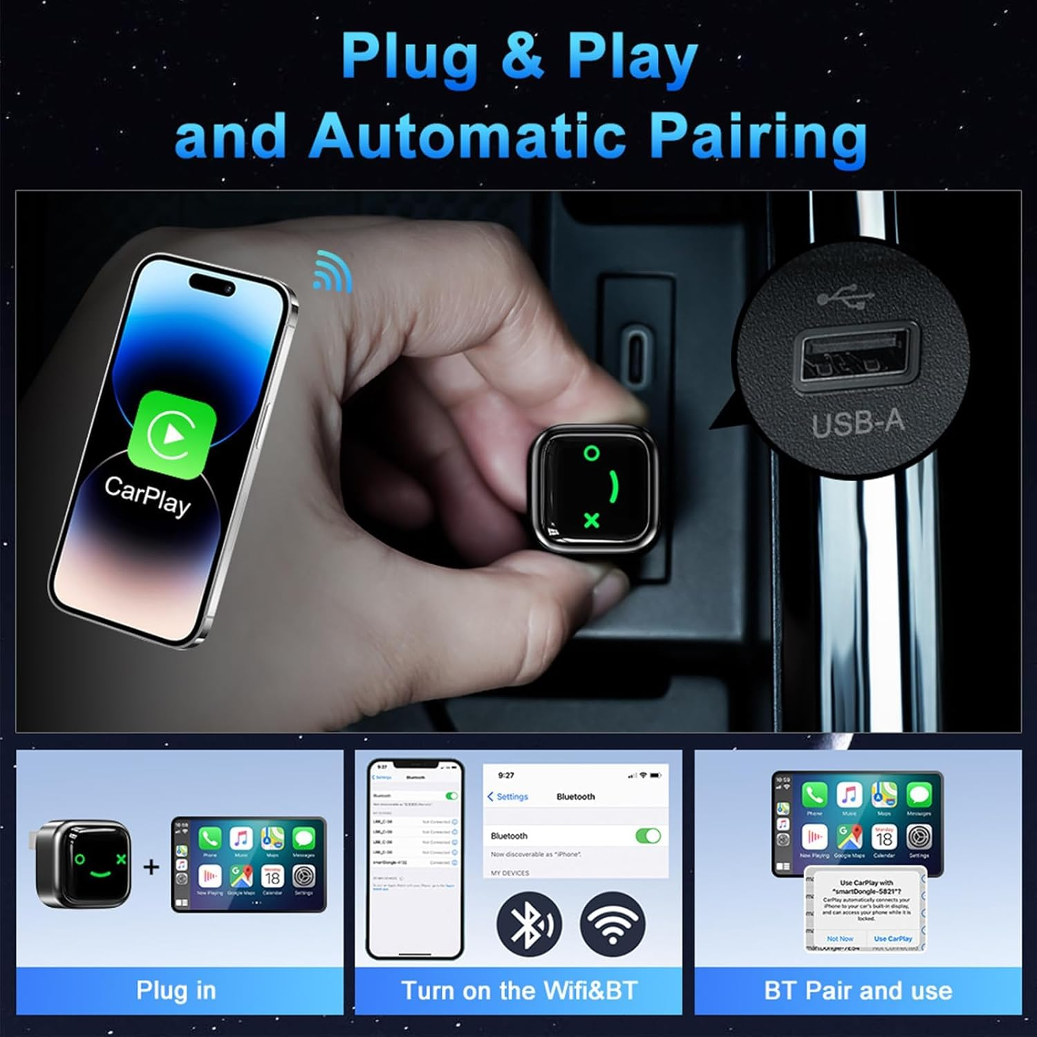 2026 New Wireless Carplay Adapter for Iphone & Android, Converts Wired Carplay to Wireless, Compact USB A/C Plug & Play Dongle, Compatible with Ios 10+, Android 11+, and Cars 2016+ image number 1