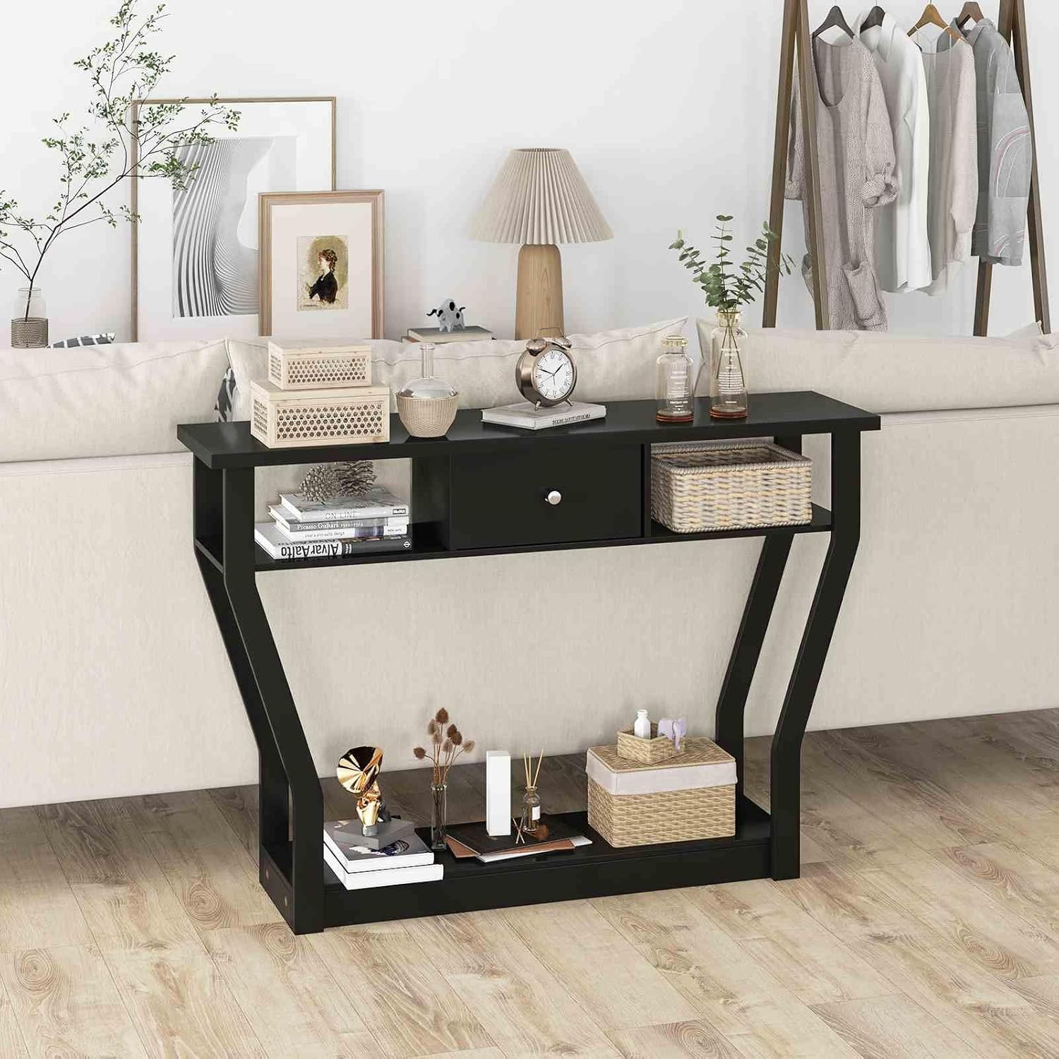 Costway Console Table, Side Table with 3-Step Storage Space and Drawer, Hallway Table for Living Room & Entrance Area & Dining Room, Loadable up to 60 Kg with Antique Tip Design, Made of MDF image number 1