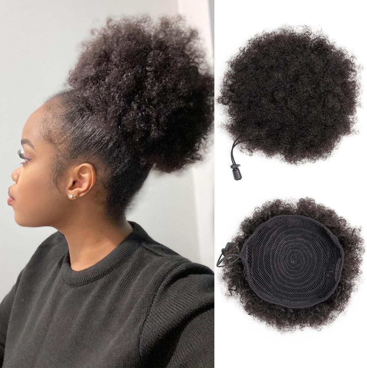 FEIPRO Afro Puff Drawstring Ponytail Human Hair Small Curly Ponytail Buns Hairpieces 8A Brazilian Virgin Hair Short Clip in Ponytails for Black Women Girls Kids 6 Inch Natural Black image number 2