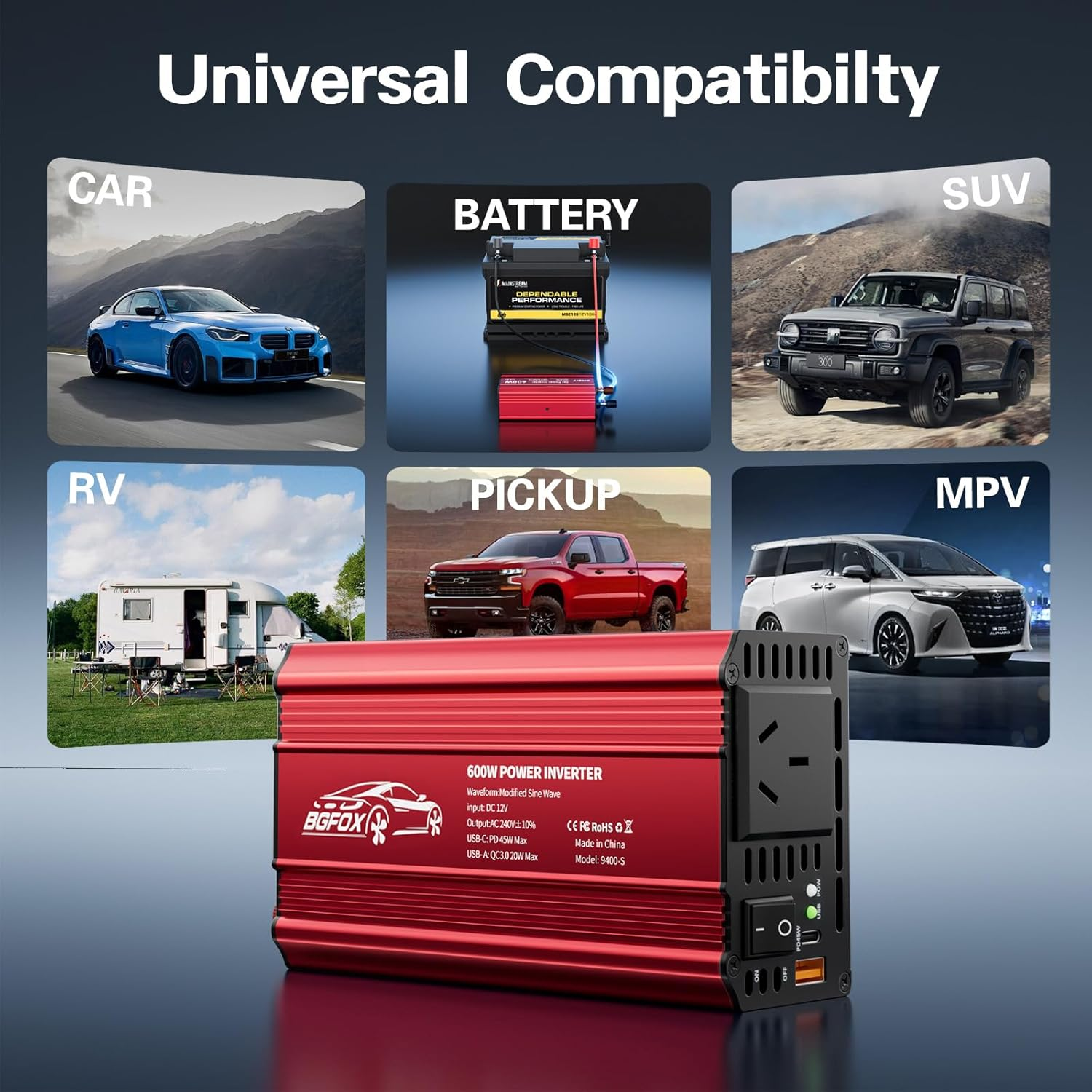 600W Power Inverter DC12V to 230V 240V AC Car Inverter with PD45W and QC 3.0 20W 4.8A USB Port to Charge Your Game Consoles, Car Electronic Devices - Red image number 2