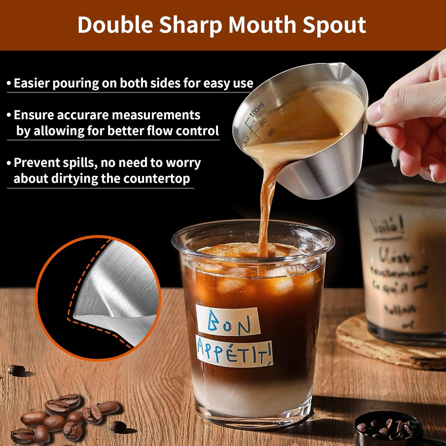 YARRAMATE Espresso Cup with Handle, Stainless Steel Accessories 2Pcs, Double Spout Metal Measuring Cup with Dual Scale, V-Shaped Mouth Shot Glass (Silver), 3.4OZ / 100ML image number 2