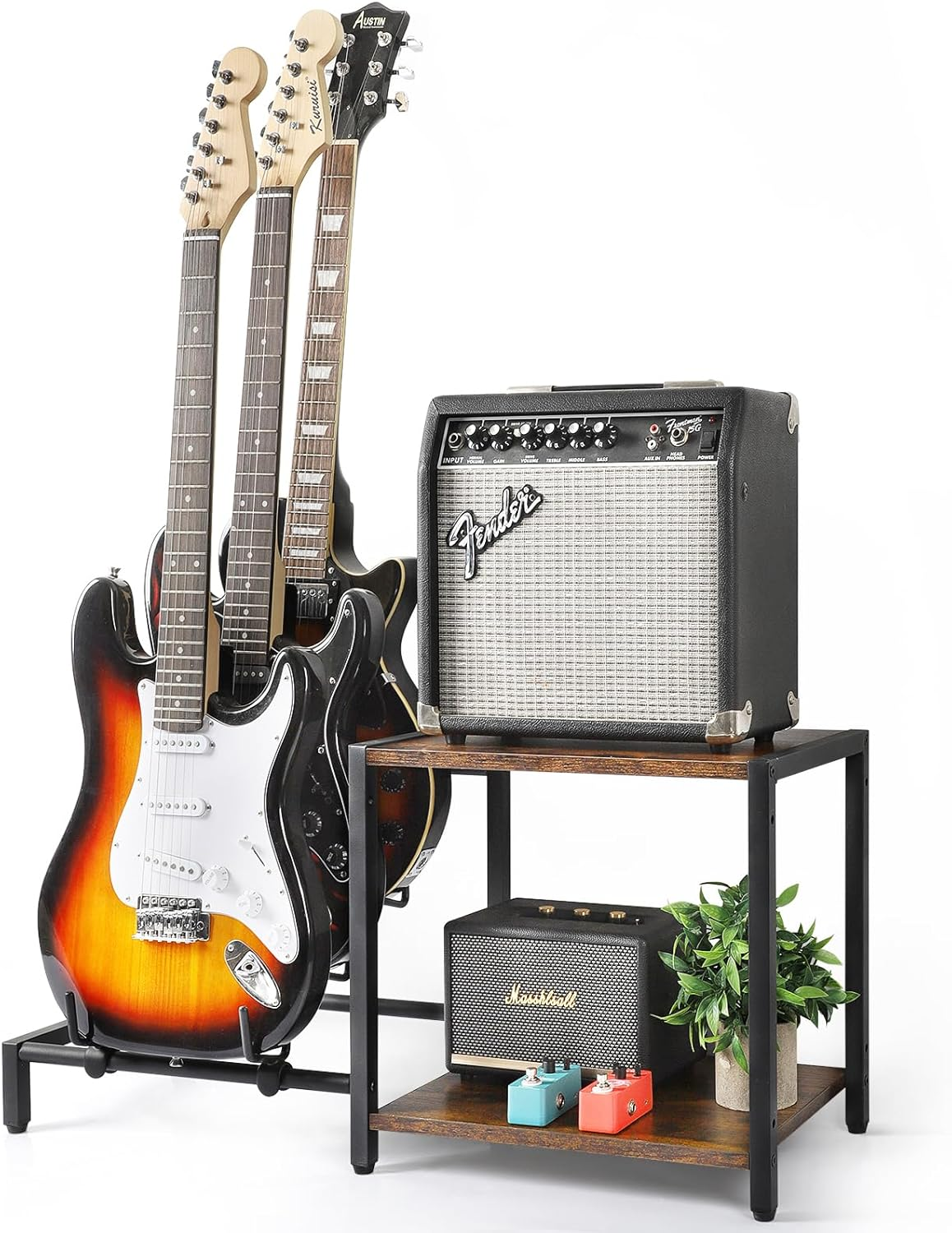 Guitar Stand for Electric Guitar and Bass,3 Guitar Stand Floor with Guitar Amp Stand,Guitar Rack for Multiple Guitars, Guitar Accessories, Adjustable Guitar Holder, Guitar Display for Music Studio image number 2