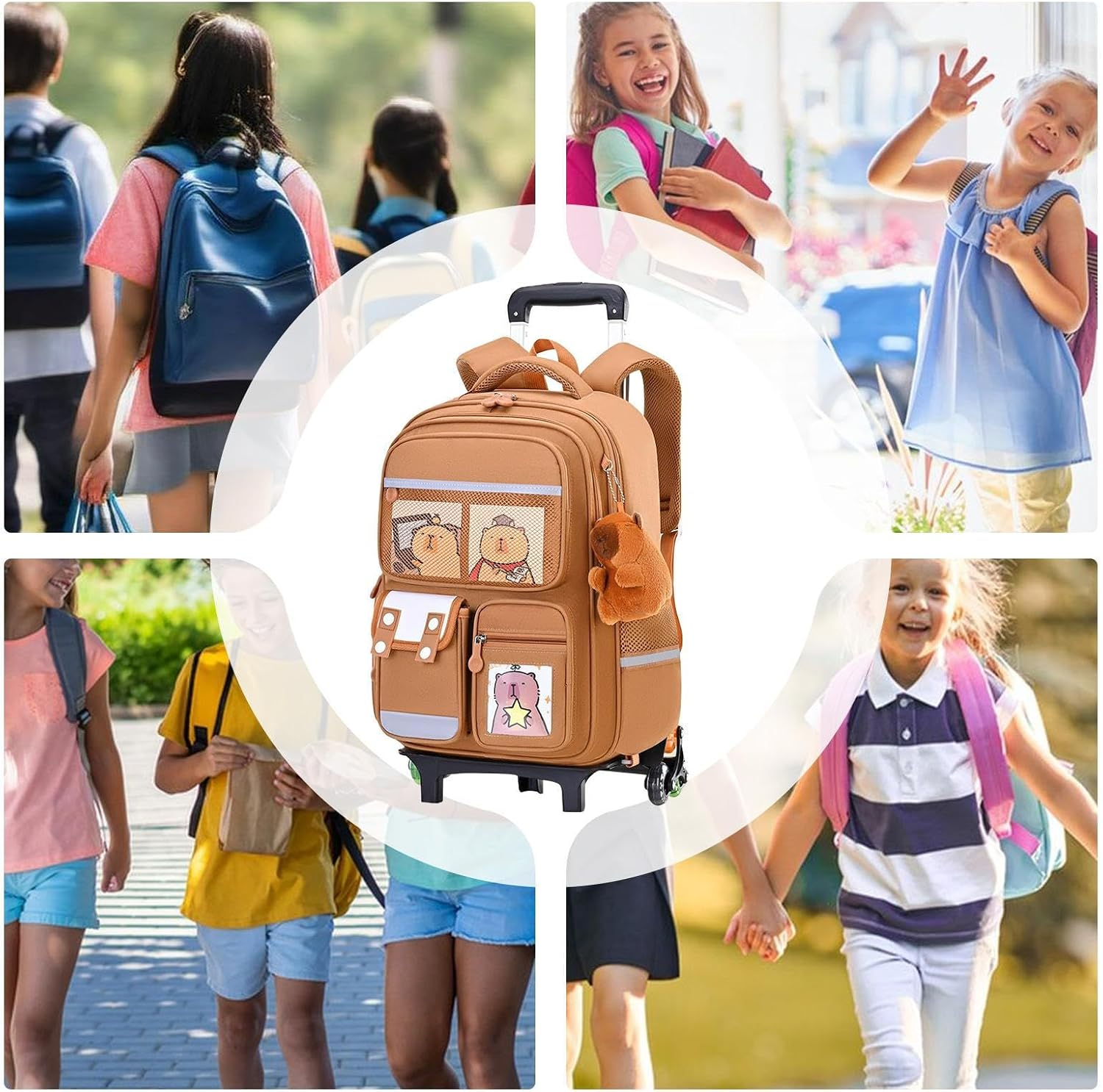 Generisch Rolling Backpack with Capybara Pattern Backpack on Wheels - Extendable Telescopic Handle Height Adjustable Large Capacity Luggage Suitcase for Girls Children College Travel Plane, Six Rounds image number 5