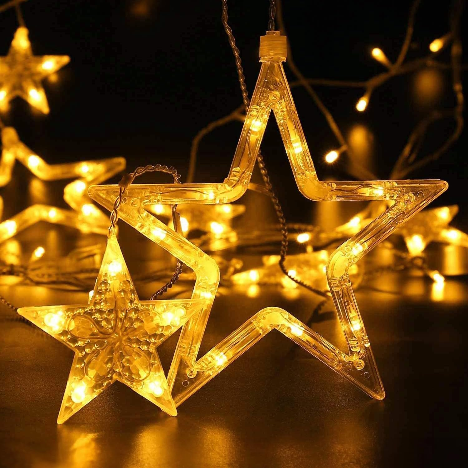 Theapro Curtain Fairy Lights 3.5 M 138 LED 12 Stars Battery Operated USB Powered with 8 Mode Waterfall Backdrop for Outdoor Indoor Bedroom Christmas Diwali Party Decorations (Warm White)