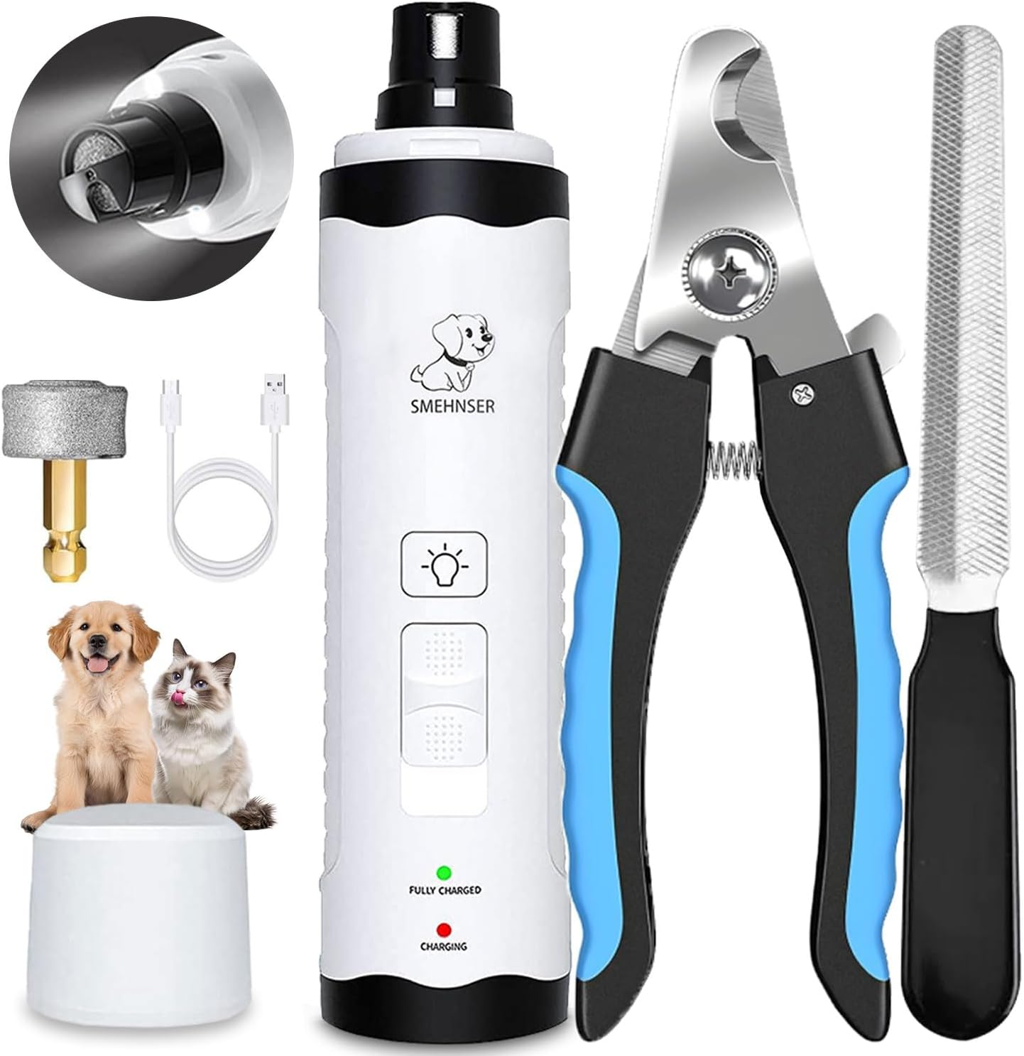 Bemuiz Dog Nail Grinder with Dog Nail Trimmers, 3 Pcs Dog Nail Clippers Kit for Large Medium Small Dogs & Cats, Quiet Electric 2-Speed USB Rechargeable Pet Nail Grinder with Light, Gifts for Dog Lovers image number 3