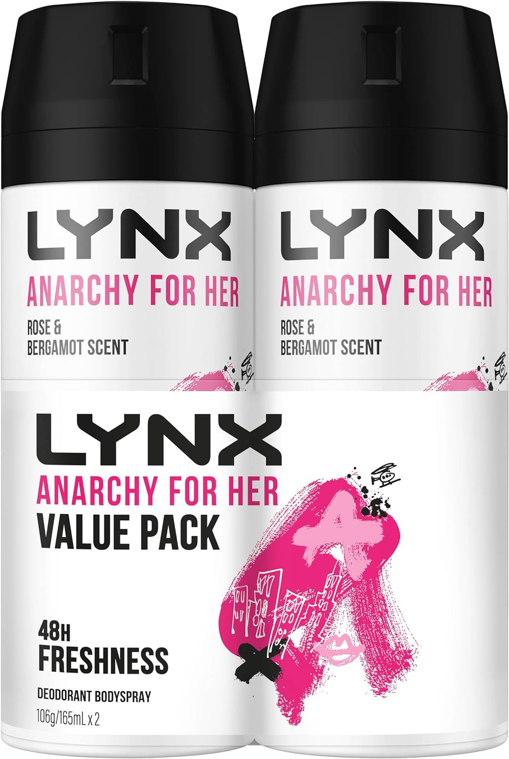 LYNX Anarchy for Her Deodorant Aerosol Body Spray for Women 165 ML X 2 Pack, 48 Hour Fressness