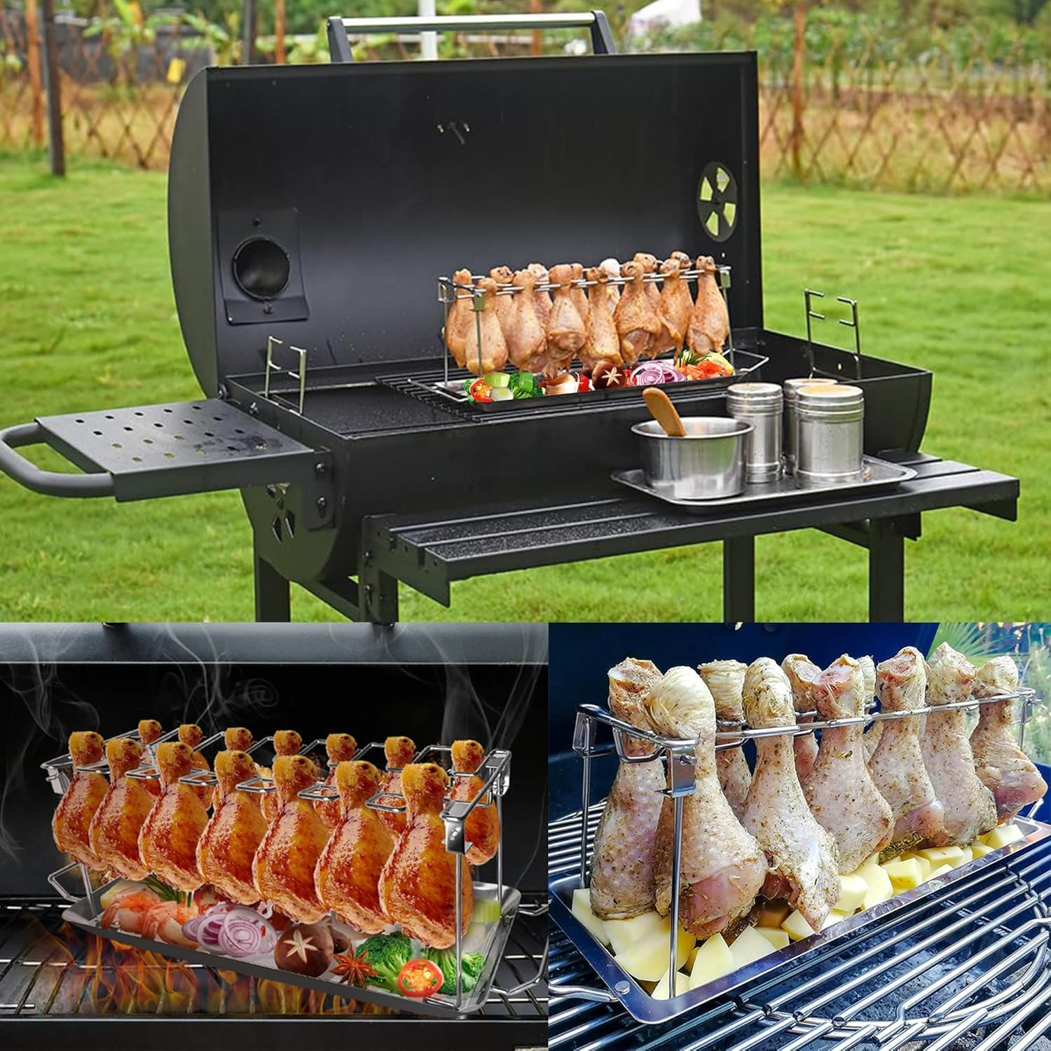 Cozioz Chicken Leg Rack for Grill with Drip Tray,Chicken Drumstick Holder,Chicken Wing Rack,14 Slots Stainless Steel,Rib Grill Racks for Smoker,Grilling Accessories (14 Slots) image number 2