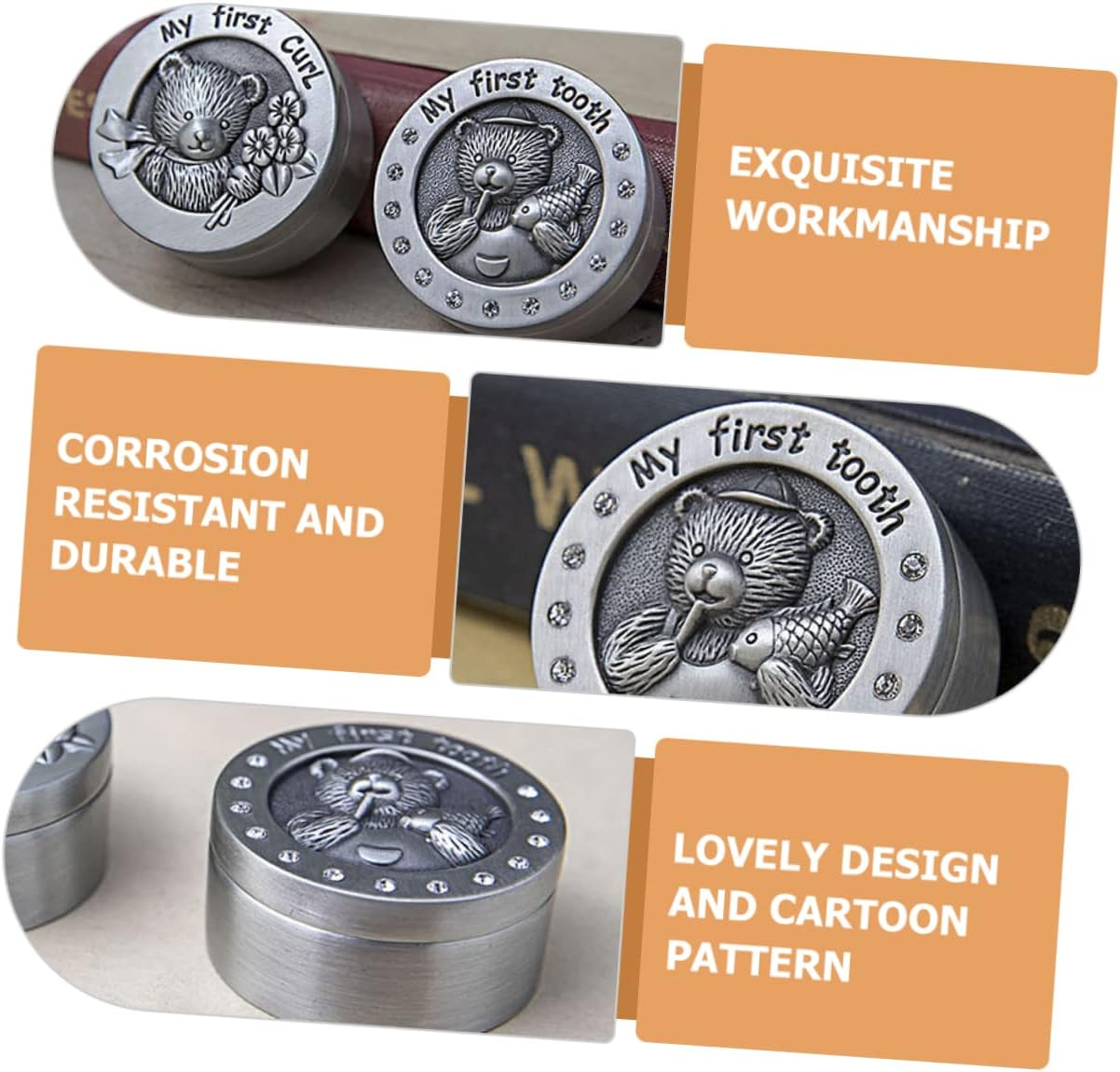 ERINGOGO Baby Tooth Keepsake Box for Kids Metal First Tooth Holder Unique Keepsake Container for Newborns Vintage Style Boys and Girls image number 5