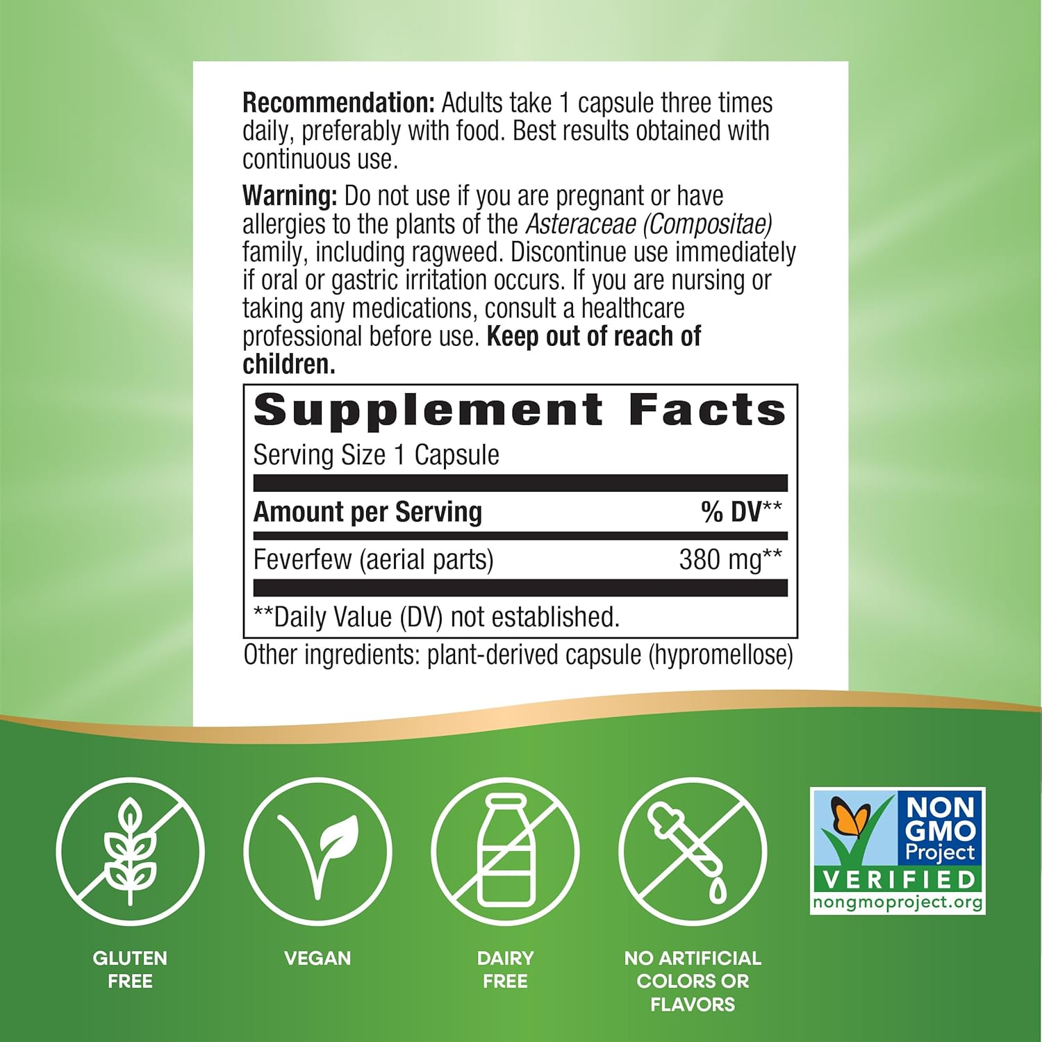 Nature'S Way Feverfew; 380 Mg TRU-ID Certified Non-Gmo Project Vegetarian; 180 Count