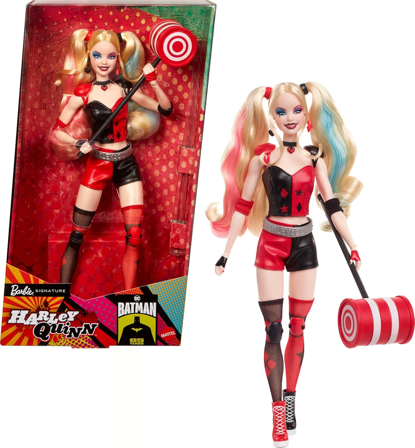 Mattel Barbie Signature Harley Quinn Collector Doll with Posable Body, Iconic Outfit, and Mallet Accessory, DC Batman 85Th Anniversary Collectible image number 4